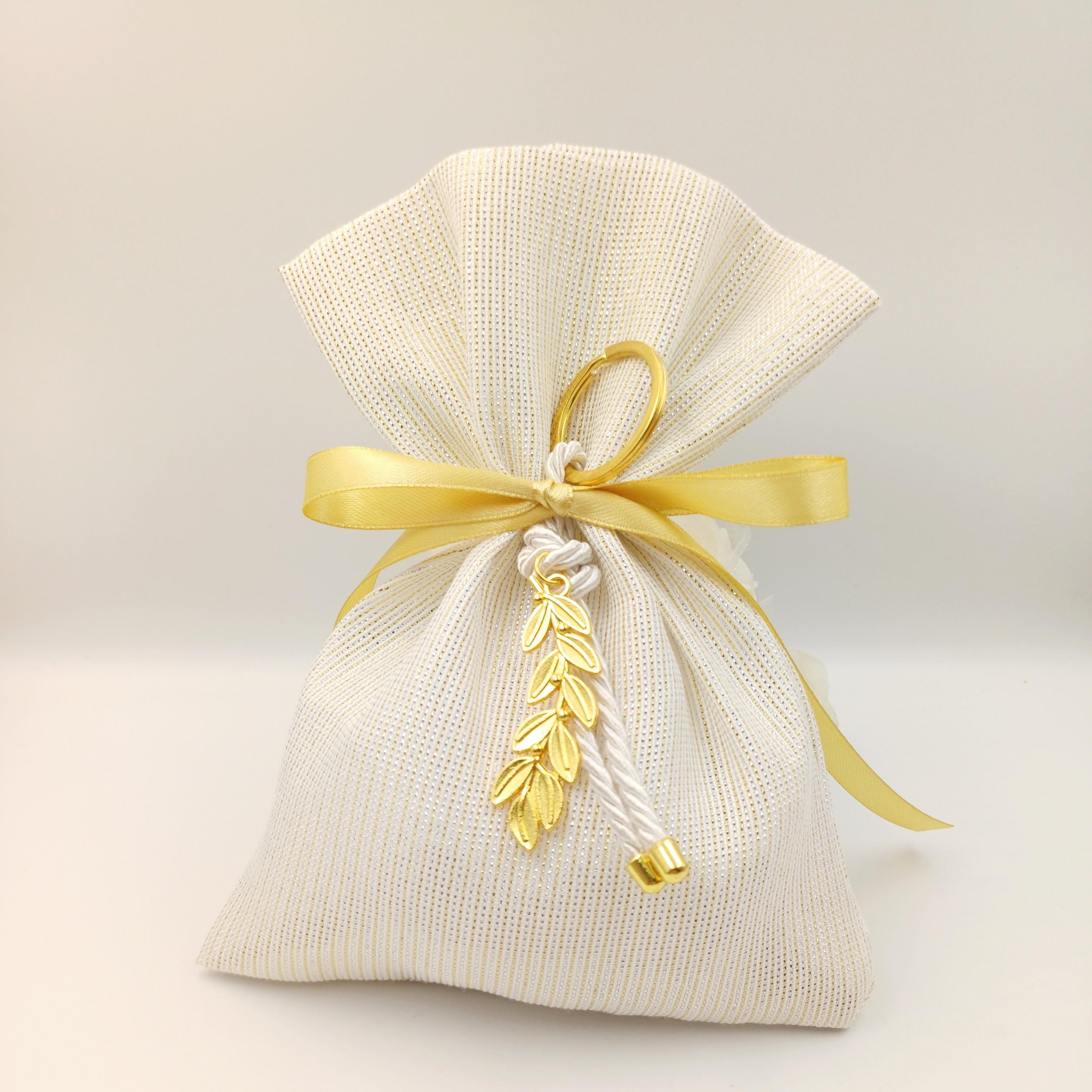 Gold ivory Wedding Favors  Olive key chain greek Bombonieres Orthodox baptism Unique Shimmering Wedding Favor jordan almond candy bag 10 pcs
