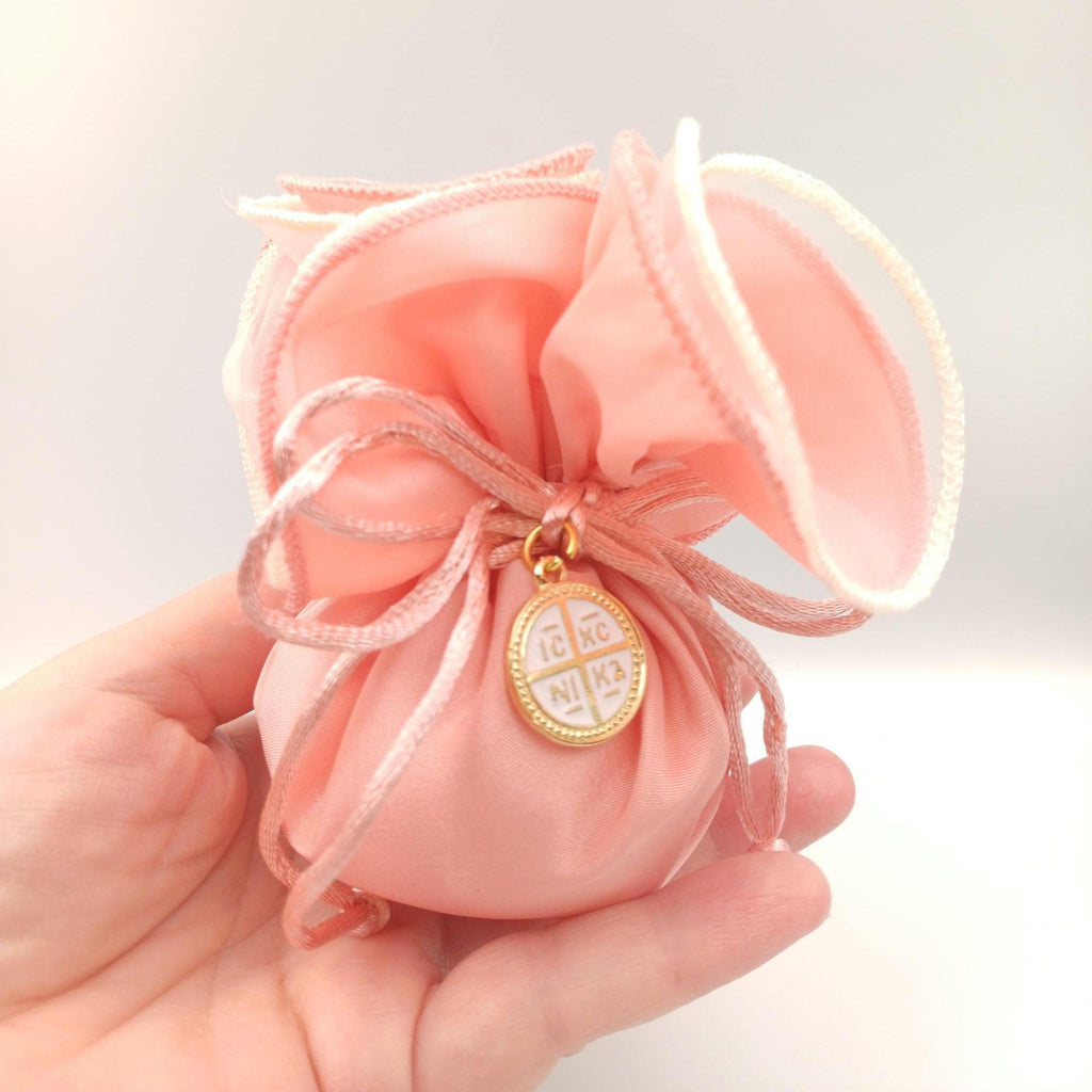 Baptism Favours pink koufeta bag  Greek Orthodox cross boubounieres byzantine ICXCNIKA cross  bags   baby shower favor Communion favor 10pcs