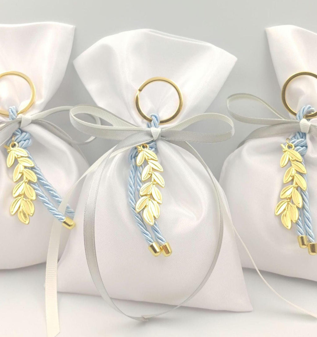 Greek Wedding Favors almond candy, Olive branch blue key chain Bombonieres Orthodox baptism favors , christening gift, koufeta bags 10 pcs.