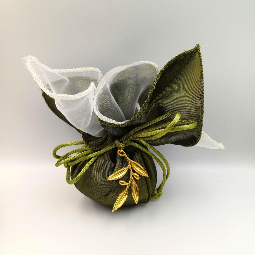 Wedding Favor pouch with Olive Tree Branch , Greek Orthodox Wedding Bombonieres,bribal shower gift, traditional tulle koufeta bags, 10pcs.