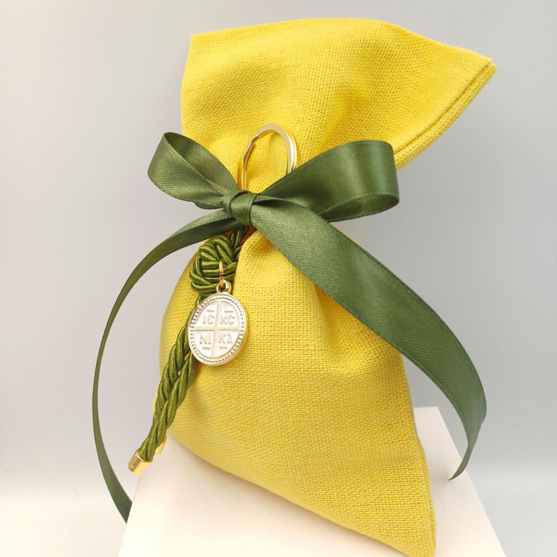 10 pcs, Greek  Orthodox baptism boubounieres, cross Key chain Boy baptism, Koufeta Almond candy linen bags, summer favors greek baptism.