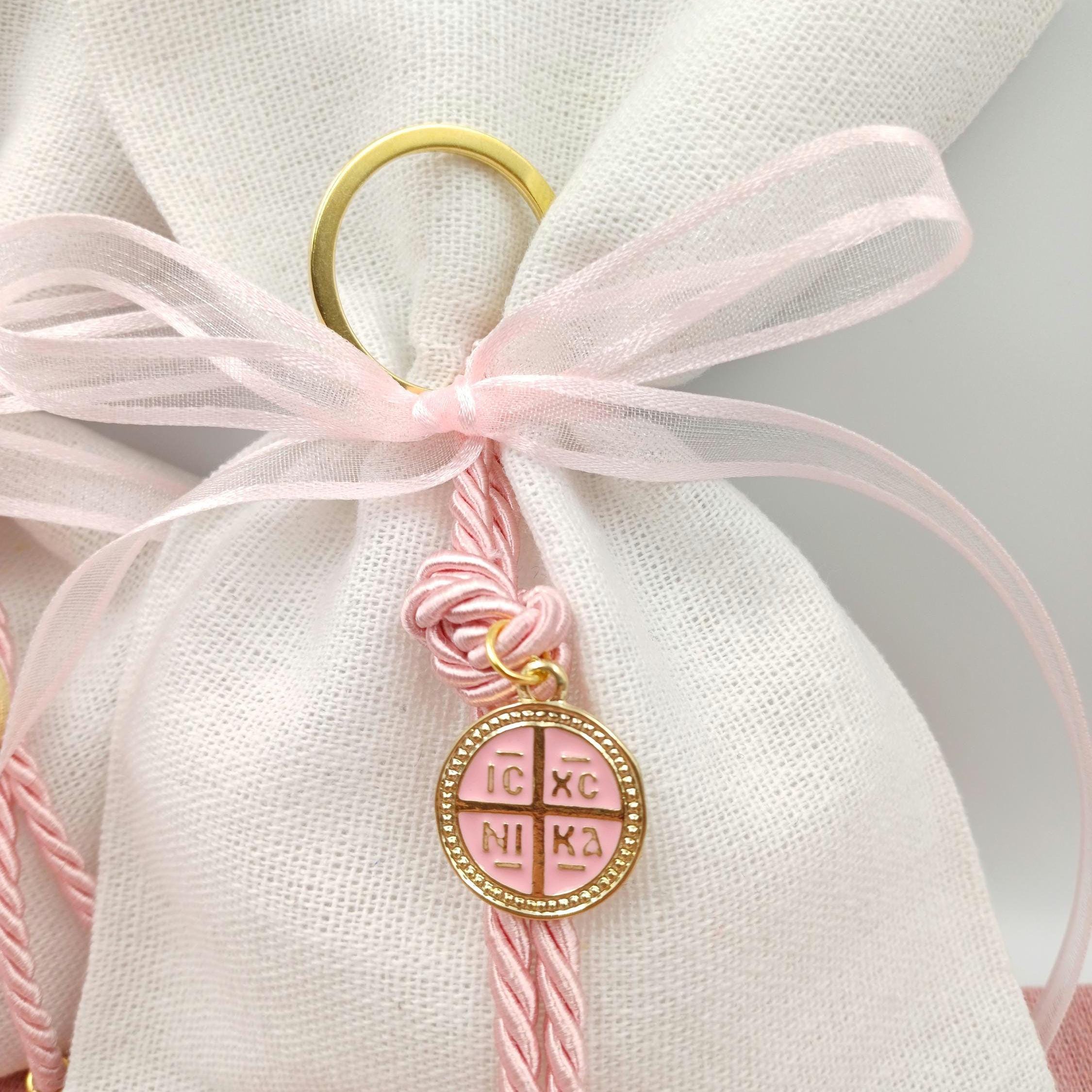 10 pcs, Orthodox baptism boubounieres koufeta, Martyrika cross keychain girl,Greek Orthodox  baptism favors ,Linen bags jordan Almond candy.