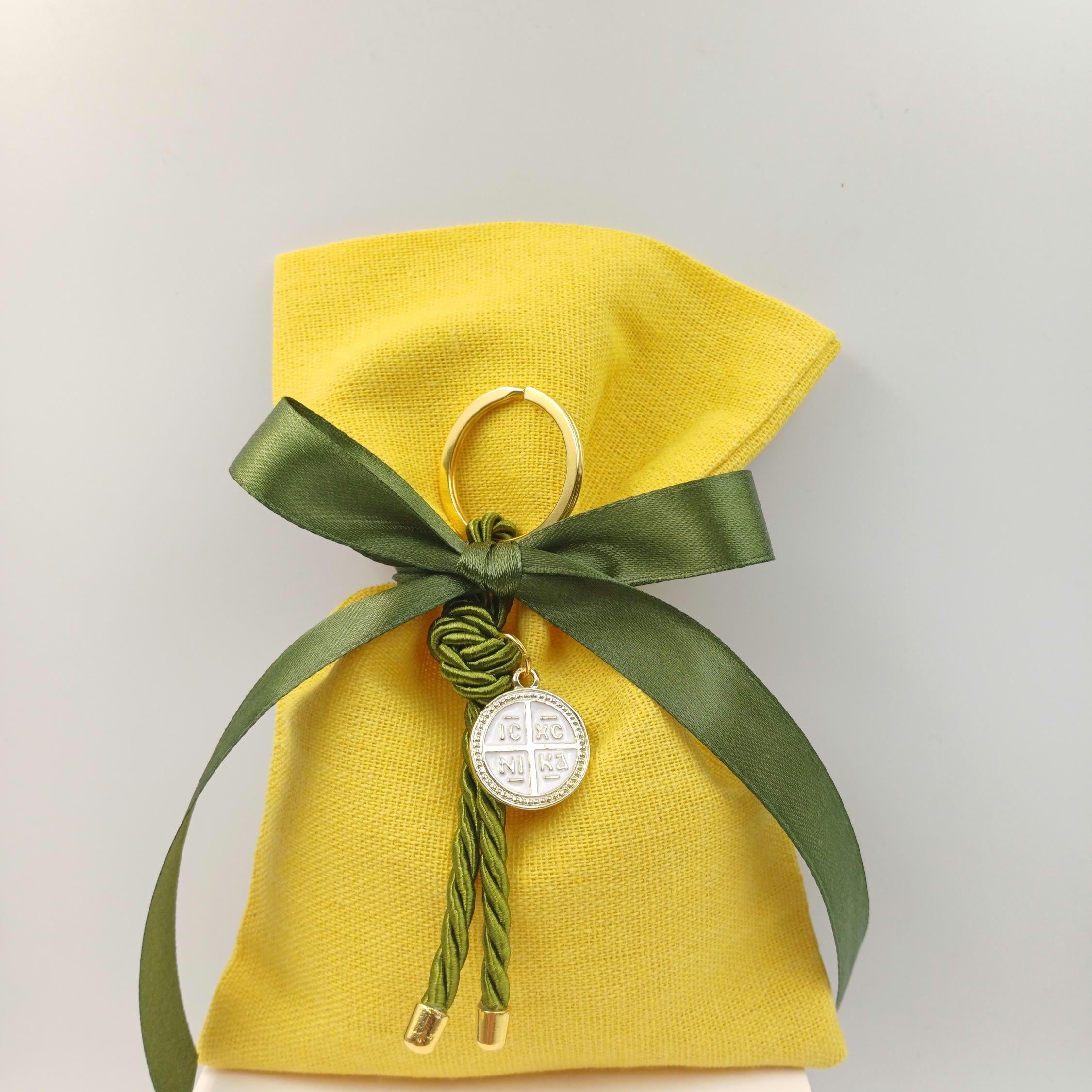 10 pcs, Greek  Orthodox baptism boubounieres, cross Key chain Boy baptism, Koufeta Almond candy linen bags, summer favors greek baptism.