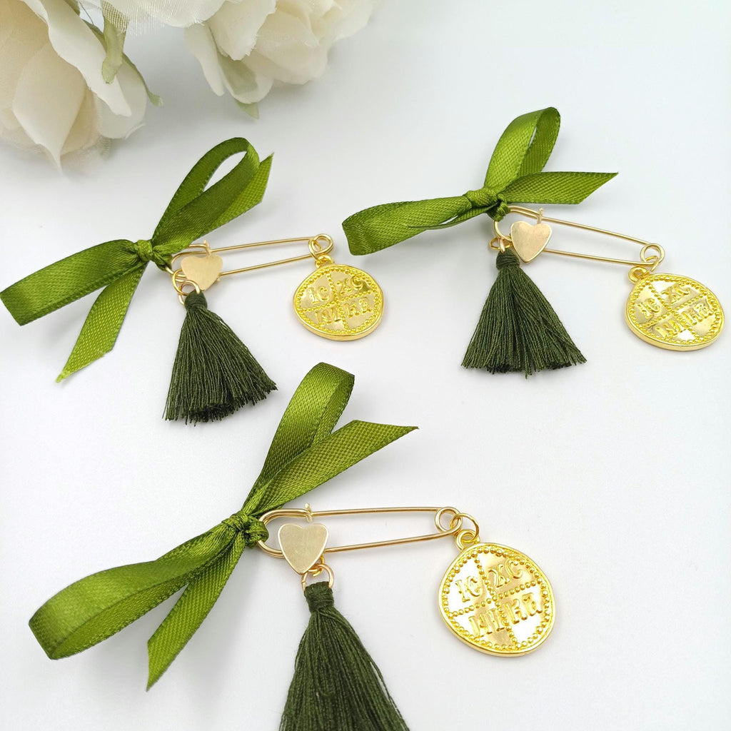 10 pcs,Cross favors baptism Safety pins Greek Baptism olive green favors Martirika Pins sage green Orthodox witness gifts boy- girl