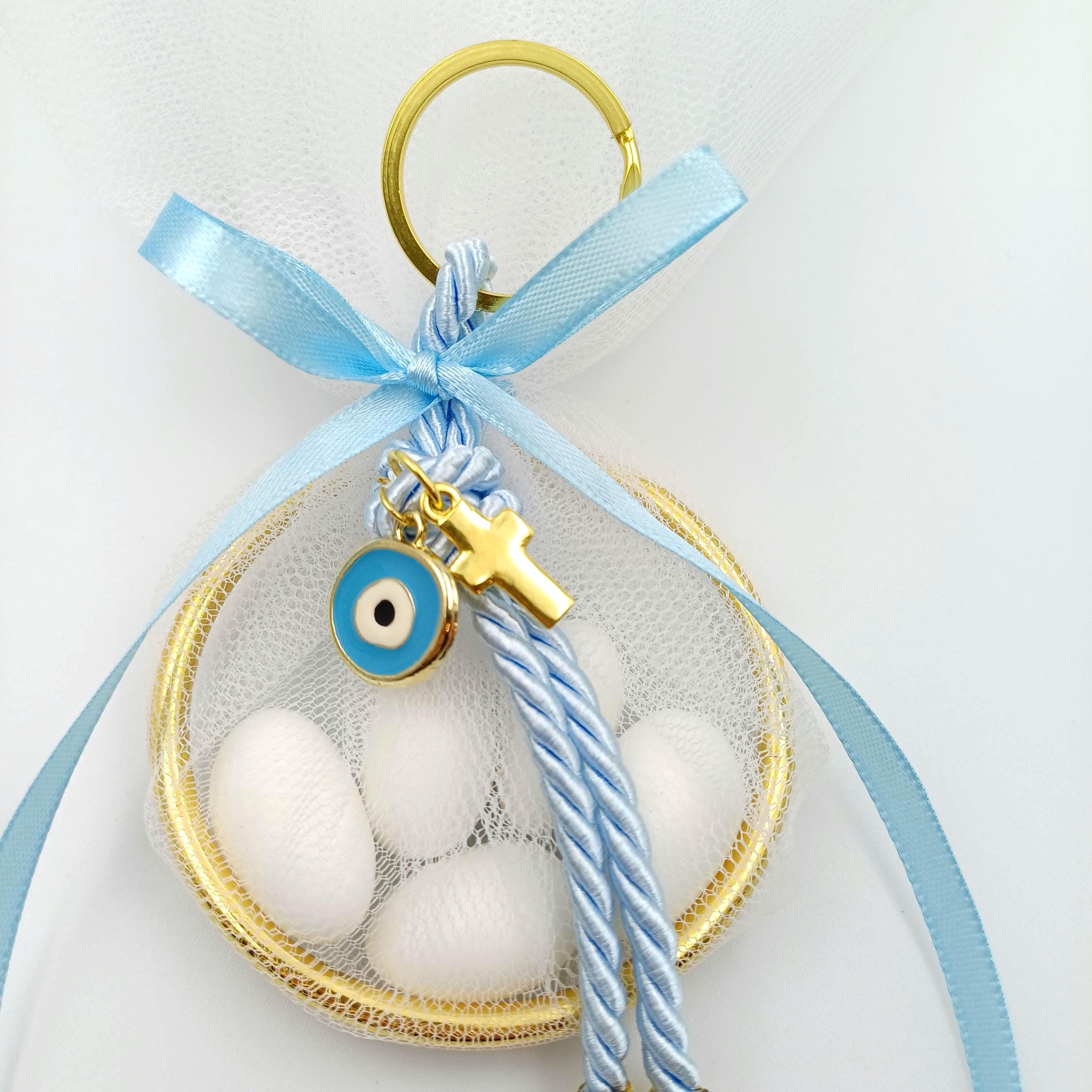 10 pcs, Greek baptism Mpomponieres ,Ring Tulle Bags, Boy baptism, Christening  favor, Evil eye  Bombonieres, almond candy bags,Martyrika