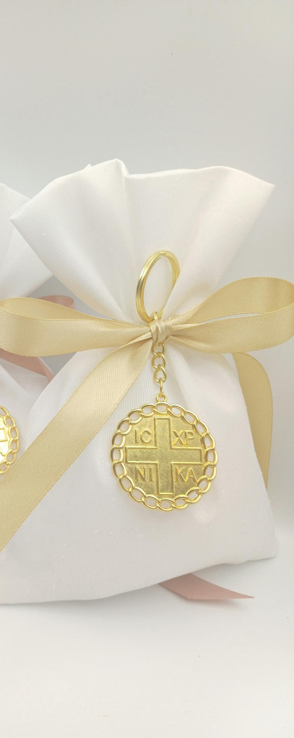 10 pcs, Greek baptism bombonieres, Orthodox Favors - ICXCNIKA Keychain- Christening Gifts for guests -Wedding bags koufeta  jordan almond.