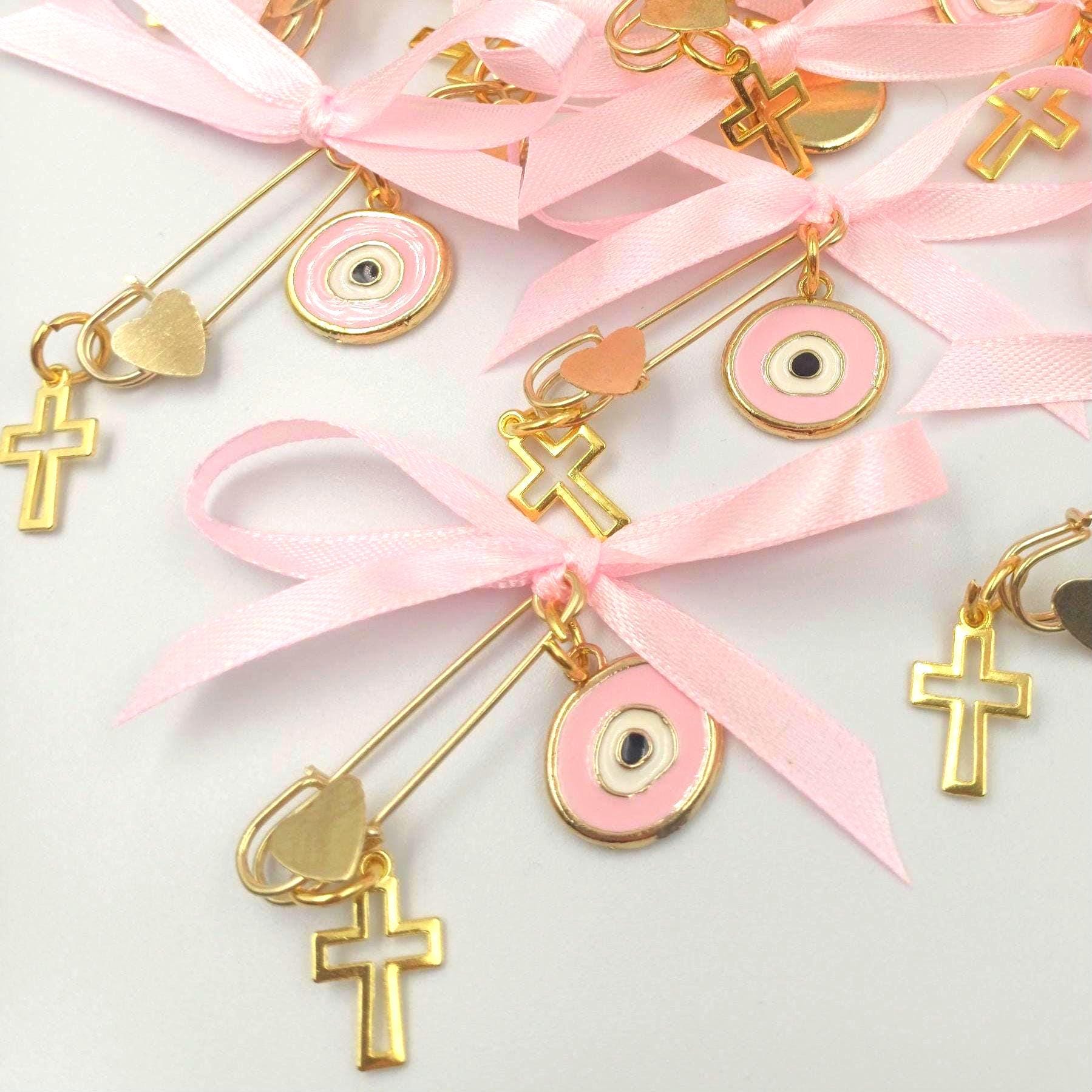 10 pcs, Martyrika safe pins, Girl baptism, Witness favors pins, Greek Orthodox baptism , Cross pin favors, Martirika evil eye with cross