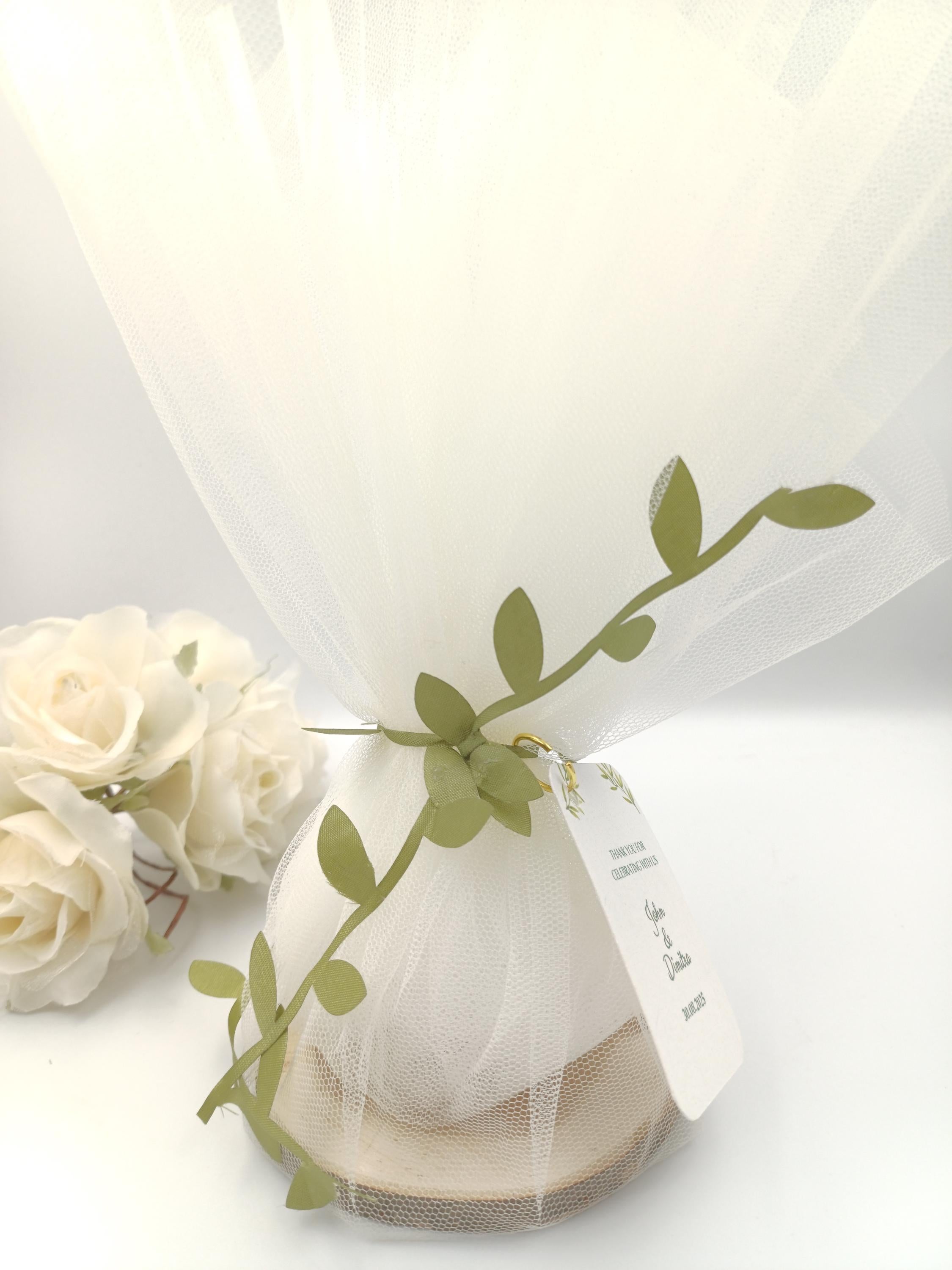 10 pcs, Wedding Favors for Guests in Bulk,engagement party olive branch ribbon favours  Greek tulle Orthodox Boboniera tulle and wood.