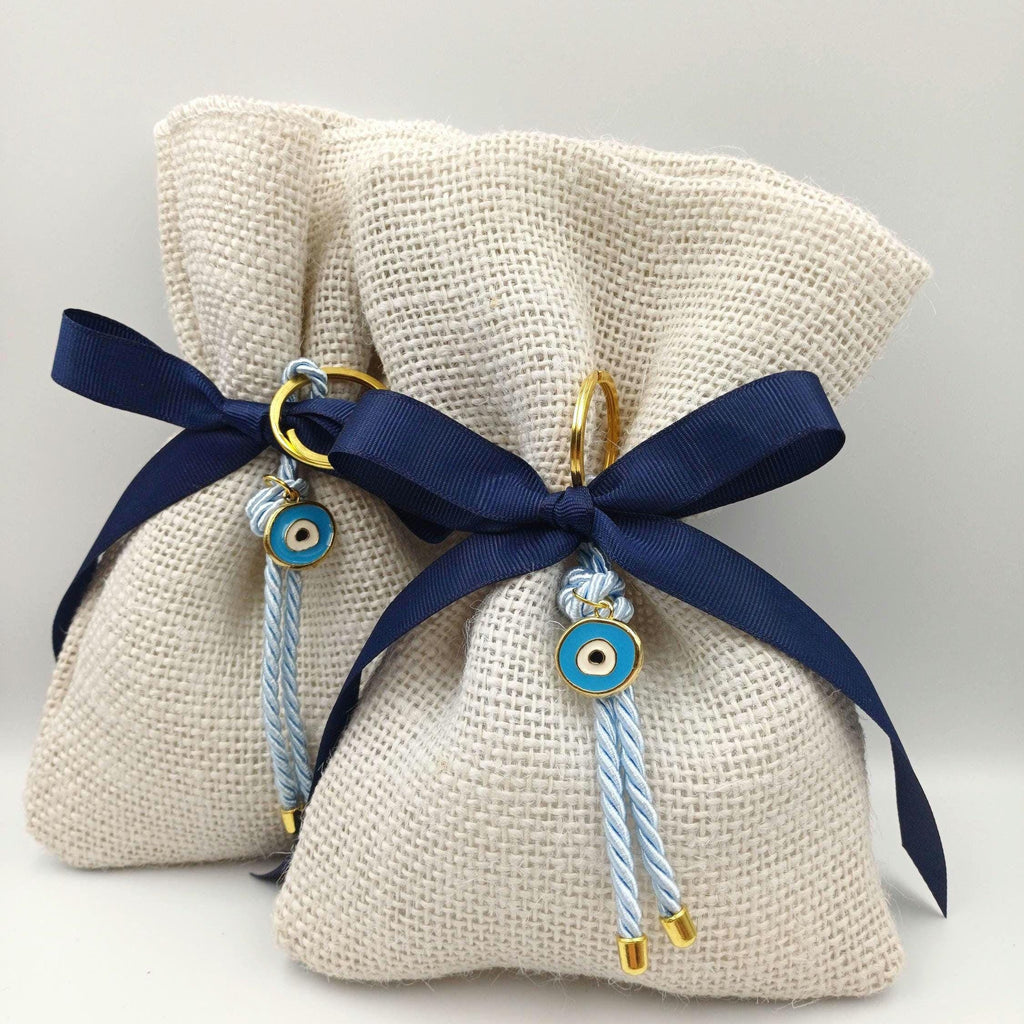 10 pcs, Baptism Almond Candy Favors, Greek Orthodox bombonieres, Baby Shower gifts ,Rustic Baptism Favors burlap bag, Evil eye keychain.