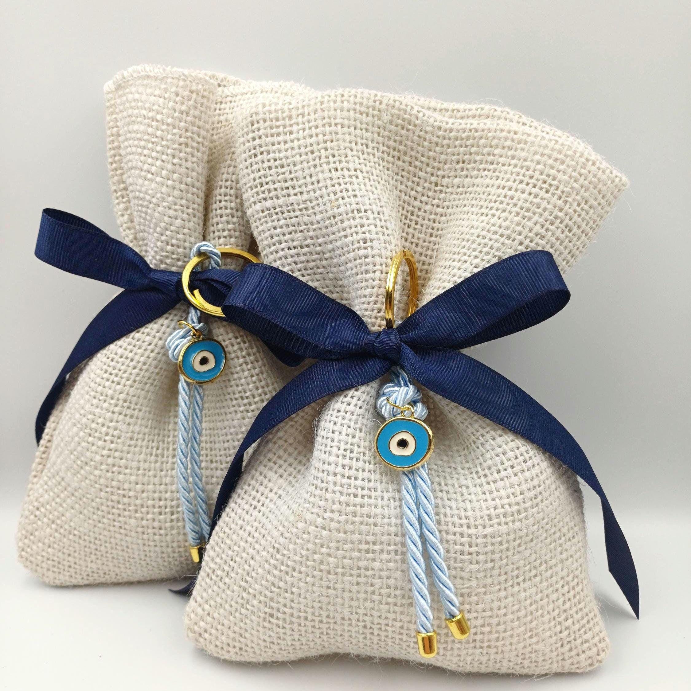 10 pcs, Baptism Almond Candy Favors, Greek Orthodox bombonieres, Baby Shower gifts ,Rustic Baptism Favors burlap bag, Evil eye keychain.