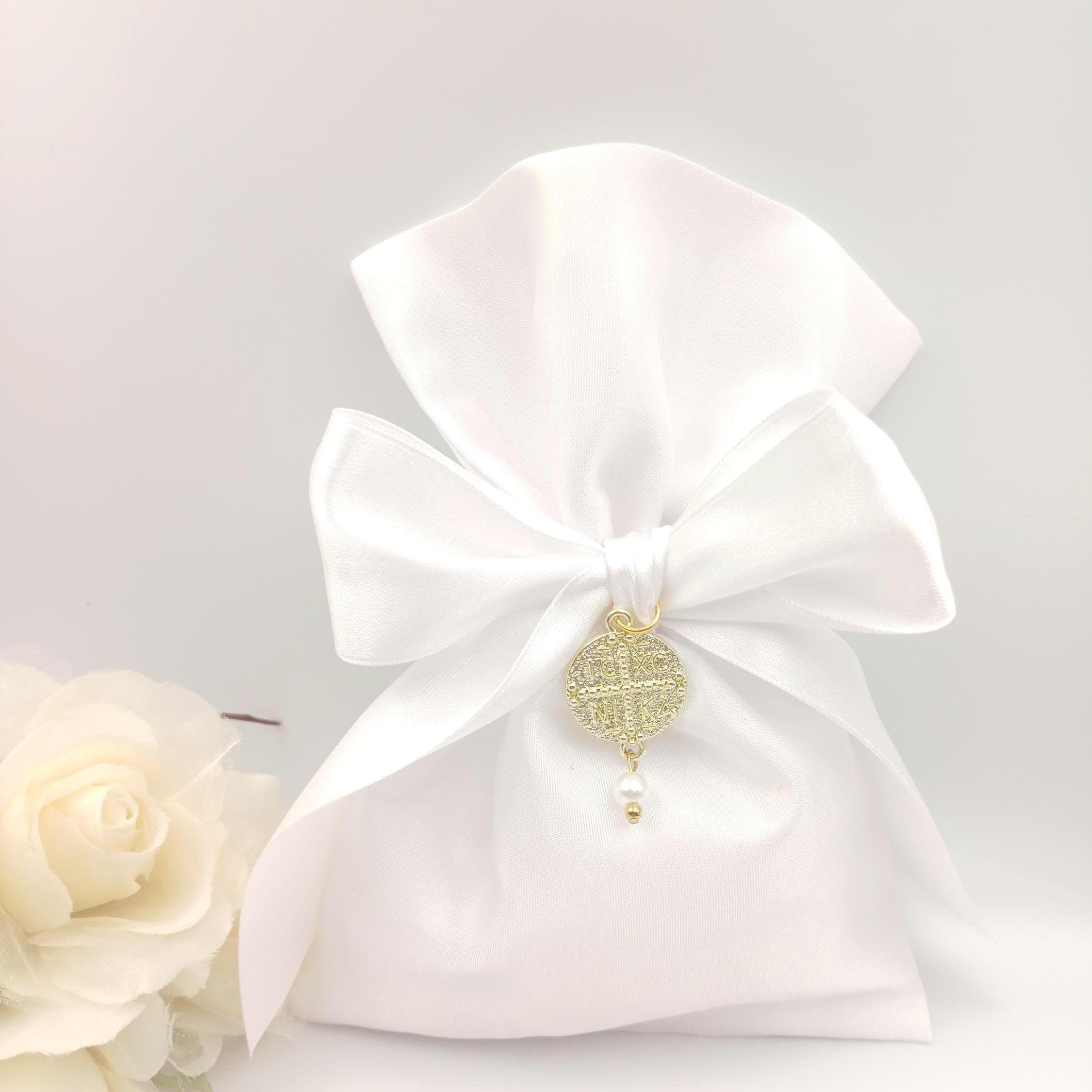 Elegant White Baptism Favor with Gold Byzantine Cross & Pearl Greek Orthodox Christening Bomboniere,Pearl Wedding Favor,koufeta bag  10 pcs.