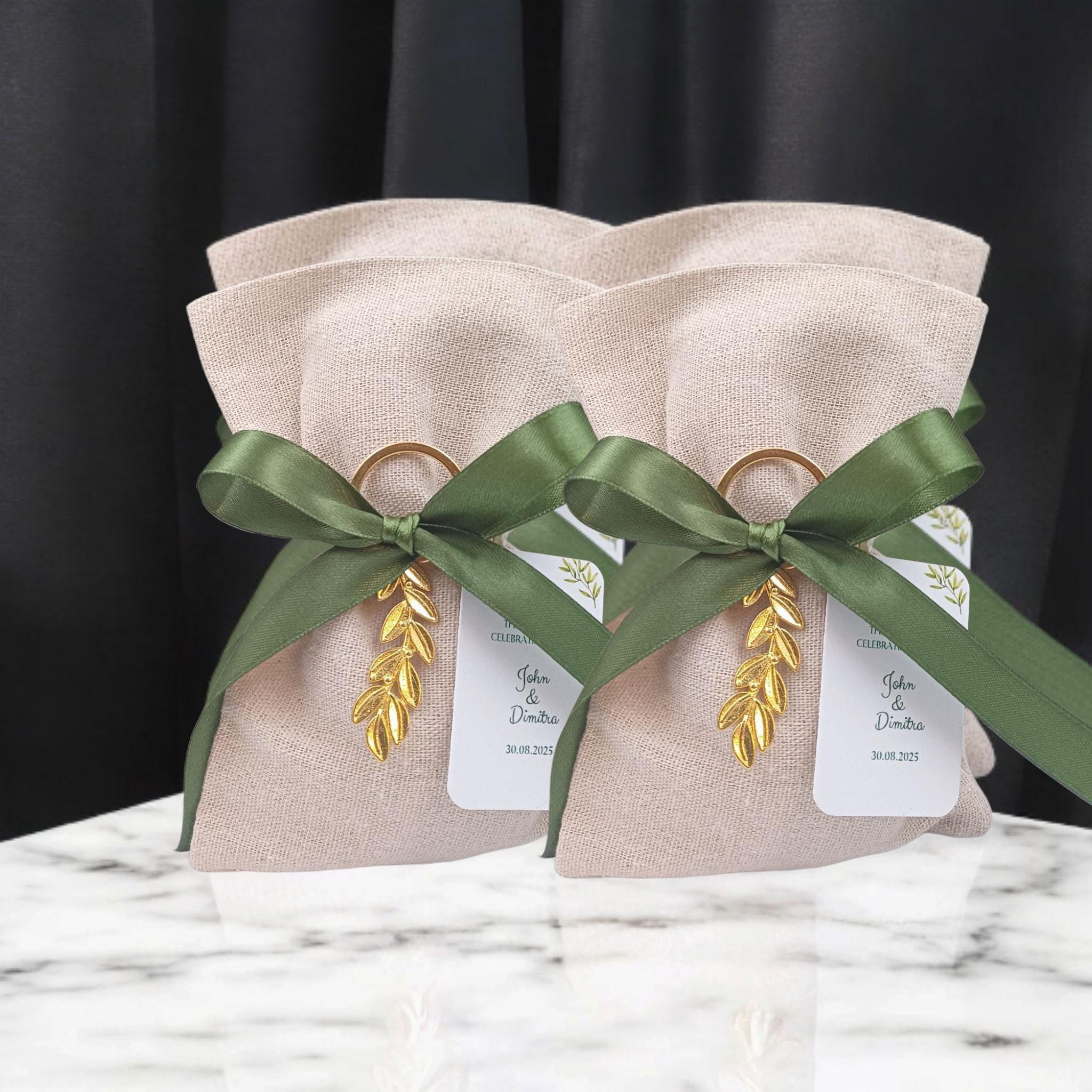 10 pcs Personalized Greek Wedding Favors – Olive Branch Bombonieres with Koufeta – Linen Pouches