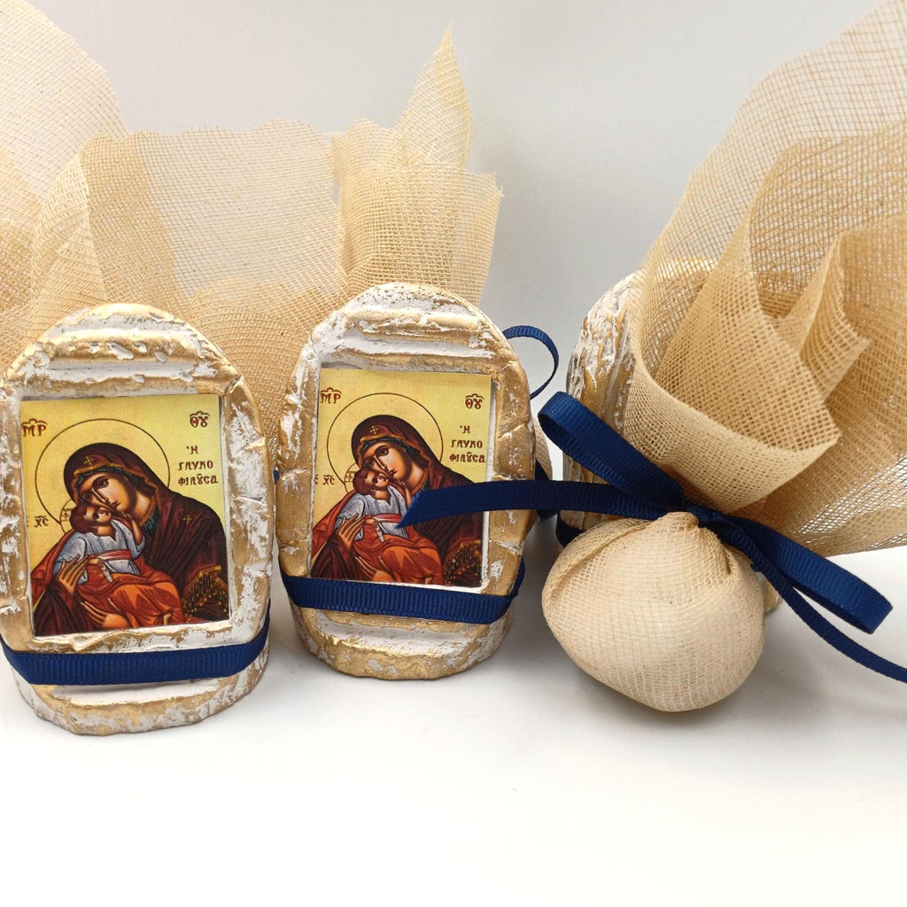 20 pcs, Greek Orthodox  baptism wedding boboniera, Tulle Mpomponiera, Christening ceramic icon favor  Panagia Boubouniera, Koufeta