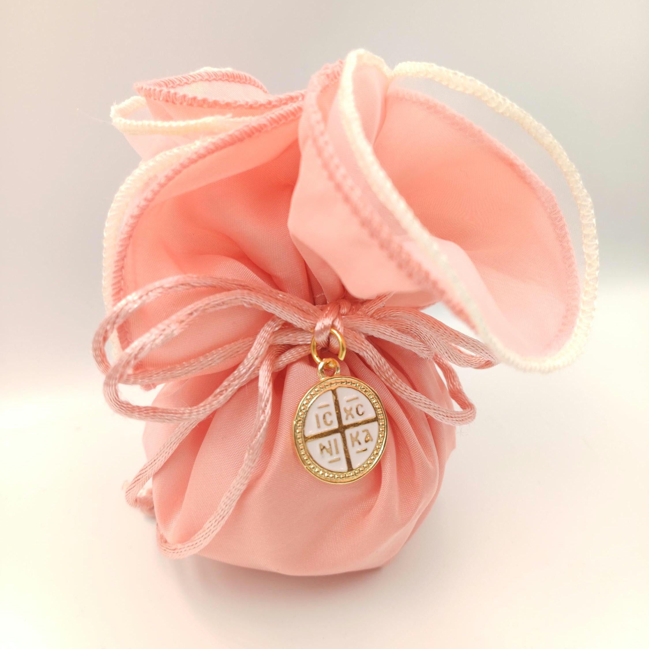 Baptism Favours pink koufeta bag  Greek Orthodox cross boubounieres byzantine ICXCNIKA cross  bags   baby shower favor Communion favor 10pcs
