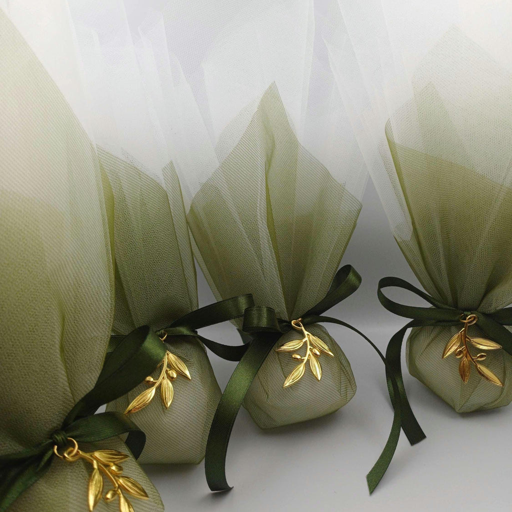 Wedding Favor with Olive Tree Branch in olive green tulle, Greek Orthodox Wedding Bombonieres, traditional tulle koufeta bags, 10pcs.