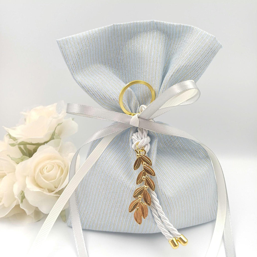 Greek Wedding Favors - Olive branch key chain Bombonieres -light blue and gold shade bags -Orthodox baptism - Unique Wedding Favor 10 pcs.