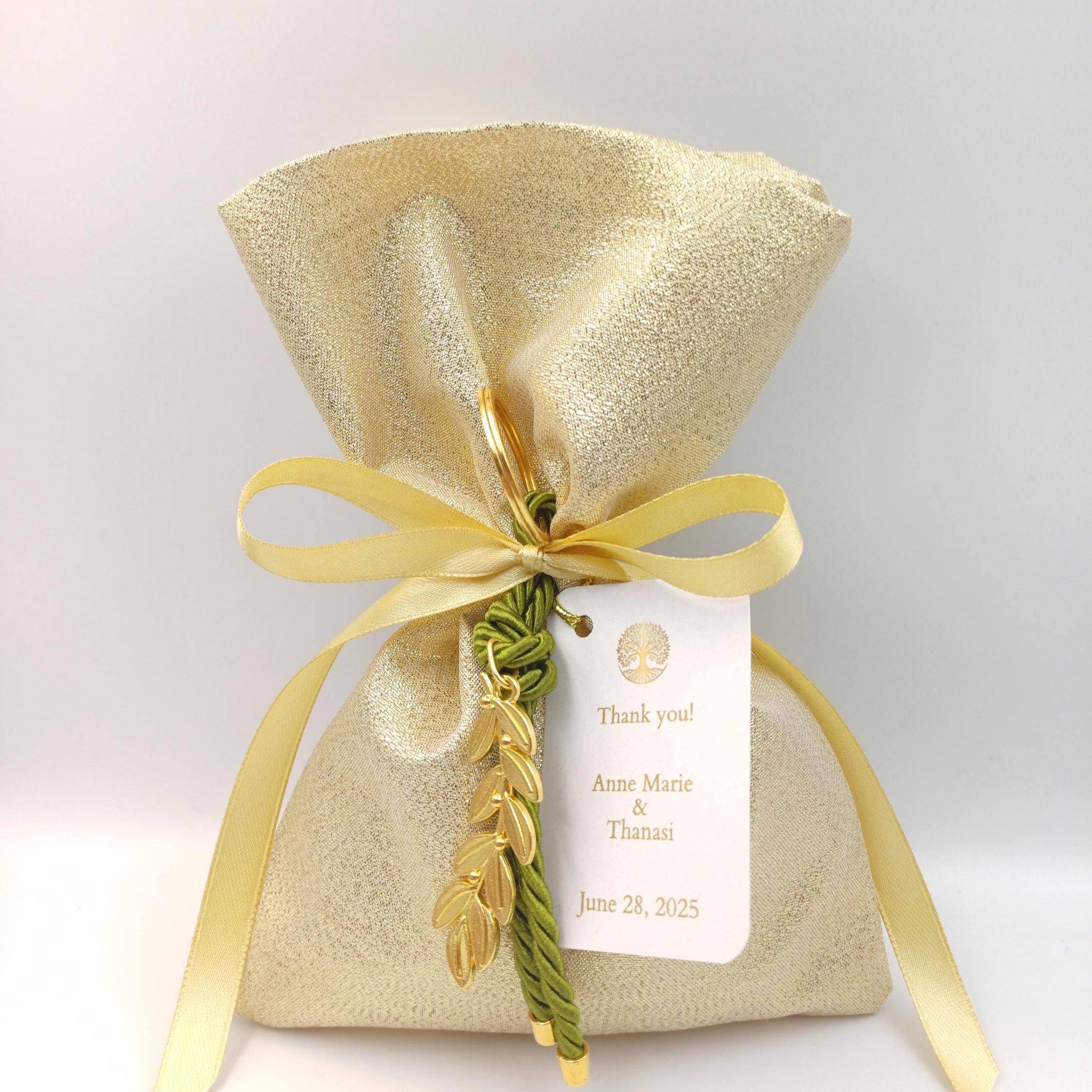 10 pcs, Gold Wedding Favor Bag, Greek bombonieres with Olive branch key chain Koufeta ,Orthodox baptism ,bridal shower gift, sweet 16 favors