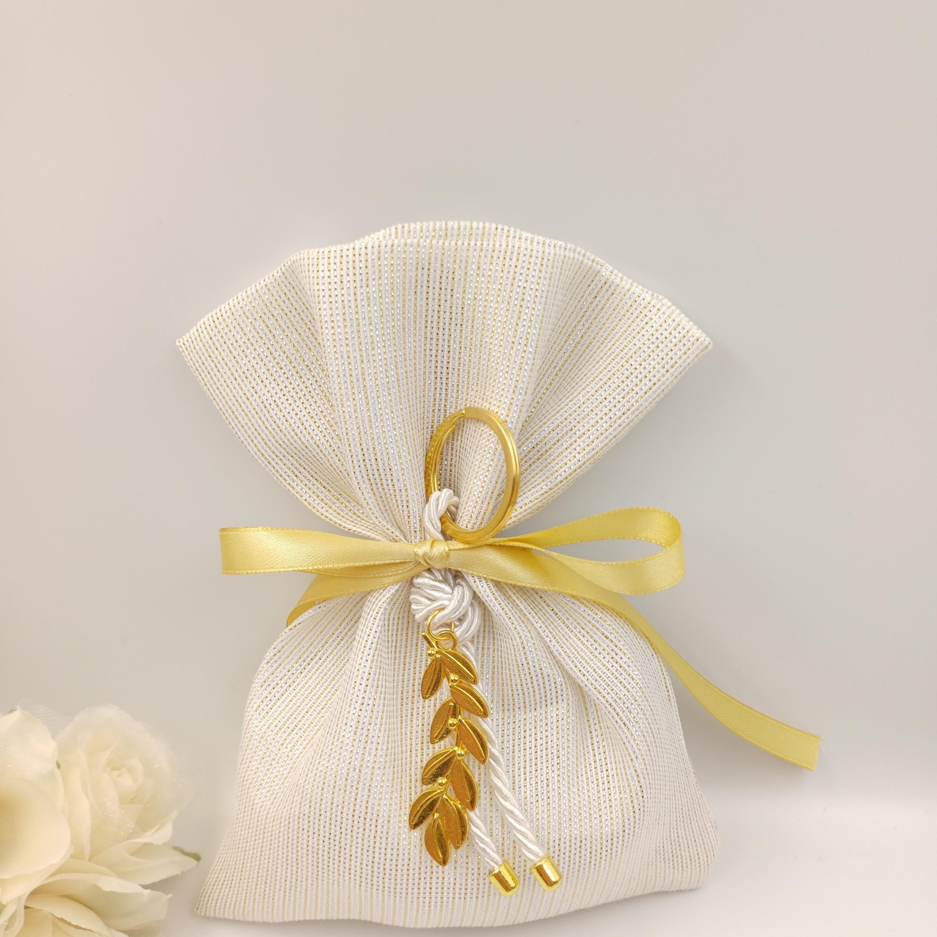 Gold ivory Wedding Favors  Olive key chain greek Bombonieres Orthodox baptism Unique Shimmering Wedding Favor jordan almond candy bag 10 pcs