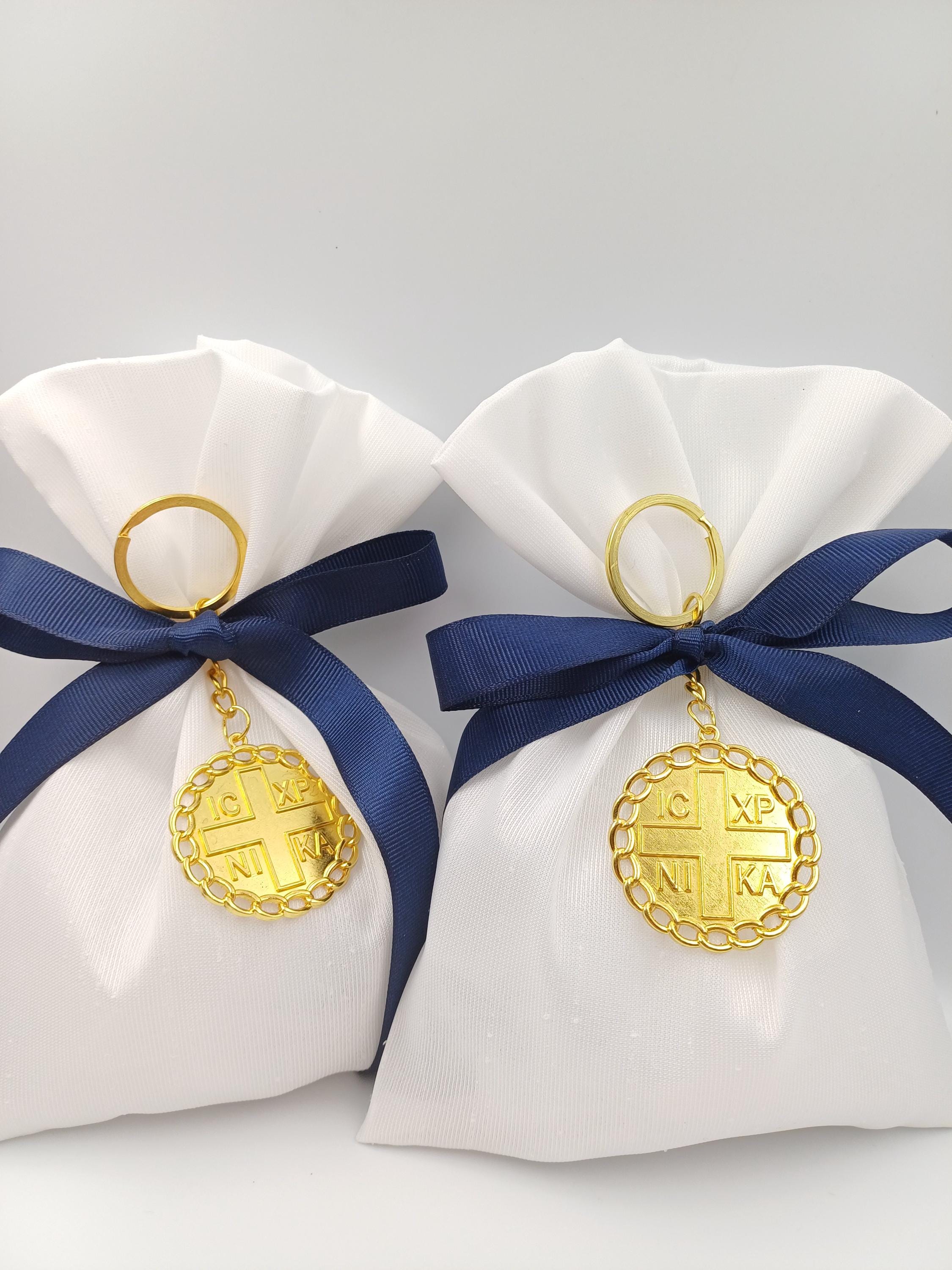 10 pcs, Greek baptism bombonieres, Orthodox Favors - ICXCNIKA Keychain- Christening Gifts for guests -Boy baptism bag koufeta  jordan almond