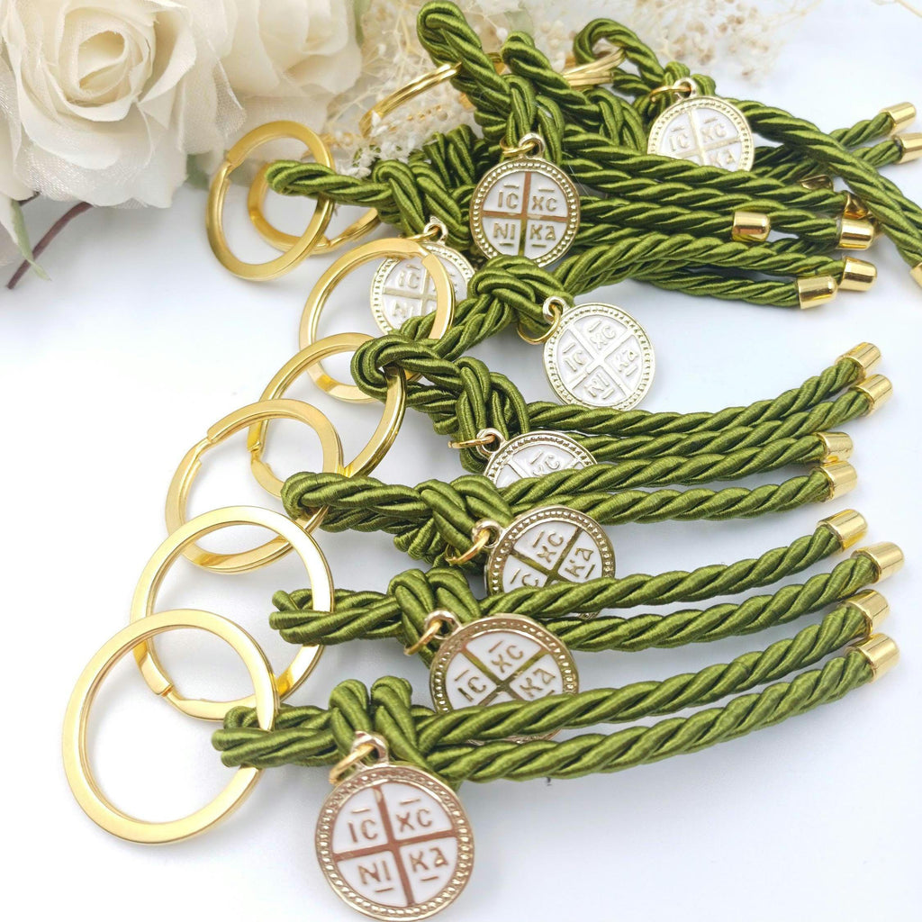 10 pcs, Olive favors Key chain cross baptism favors, Greek wedding witness gifts, Orthodox baptism olive green Martyrika konstantinato cross