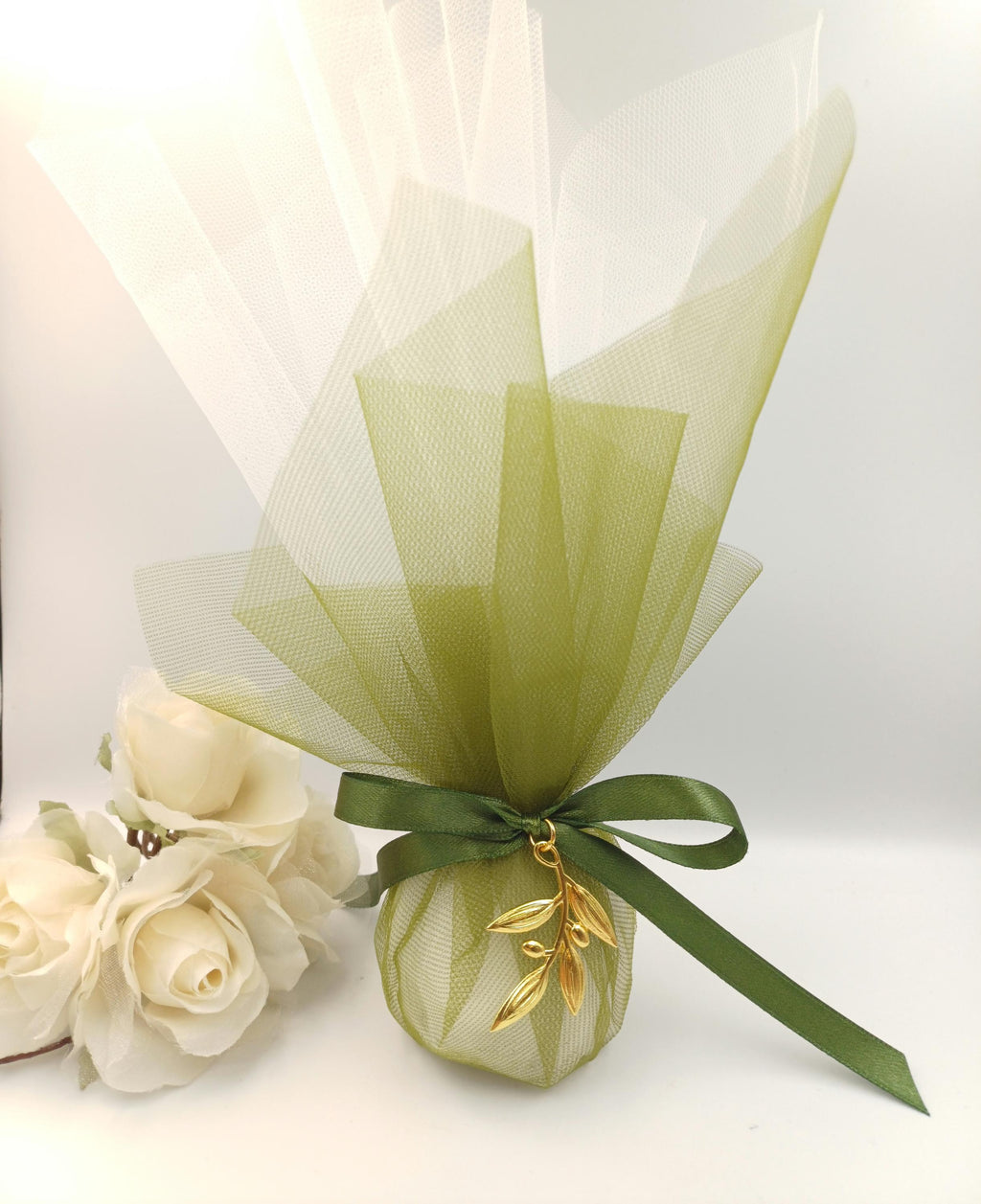 Wedding Favor with Olive Tree Branch in olive green tulle, Greek Orthodox Wedding Bombonieres, traditional tulle koufeta bags, 10pcs.