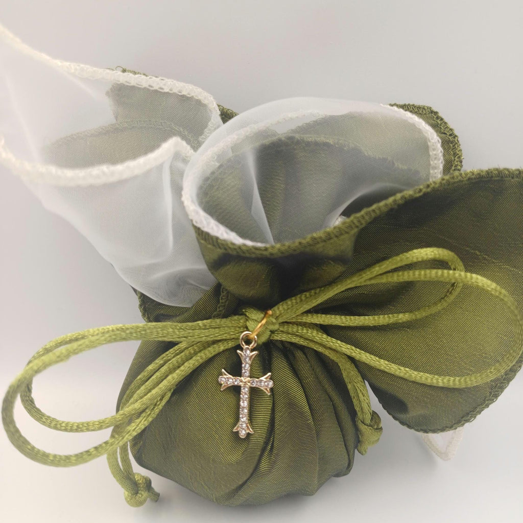 Baptism cross Favor olive green taffeta pouch, Greek Orthodox Wedding Bombonieres,bribal shower gift, traditional tulle koufeta bags, 10pcs.