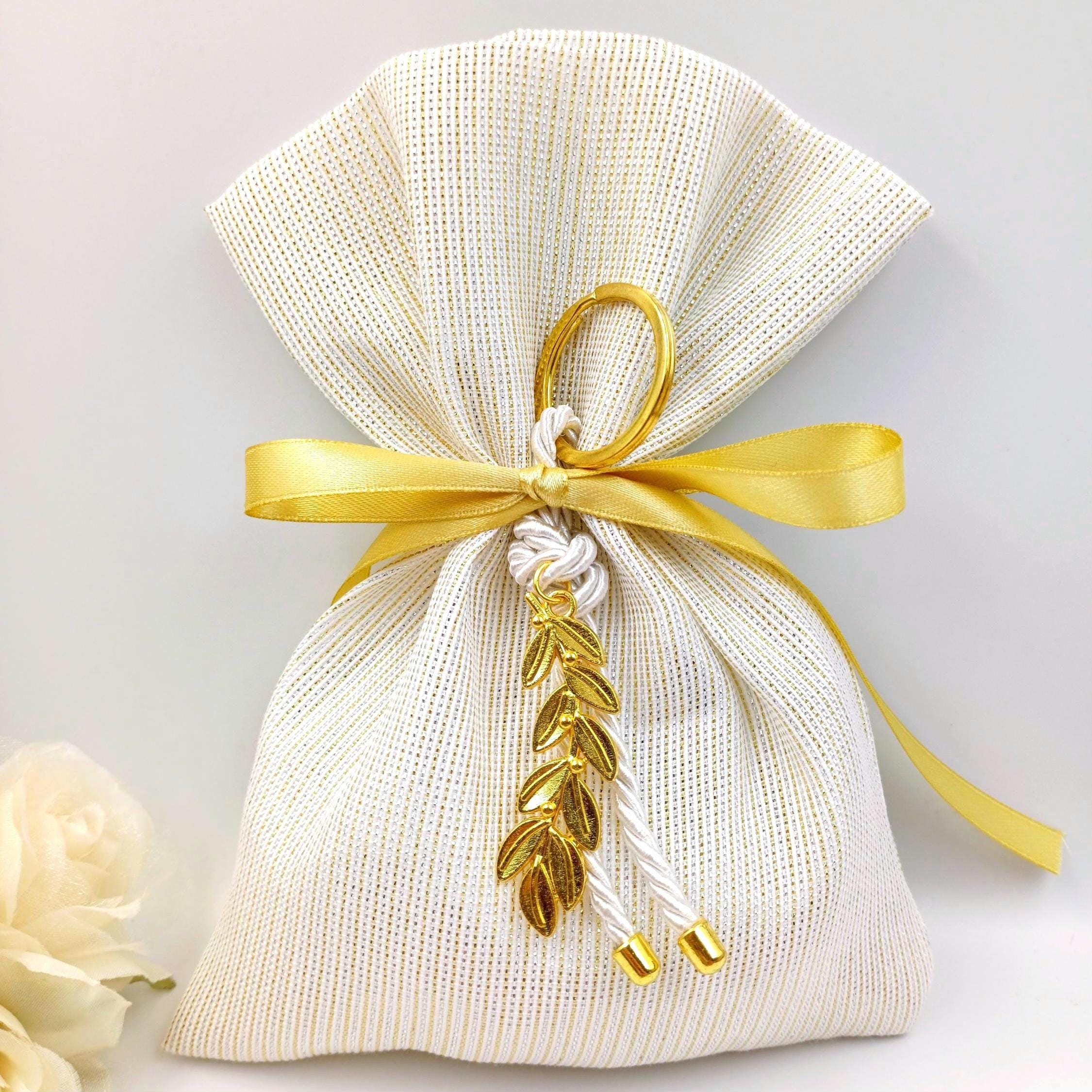 Gold ivory Wedding Favors  Olive key chain greek Bombonieres Orthodox baptism Unique Shimmering Wedding Favor jordan almond candy bag 10 pcs
