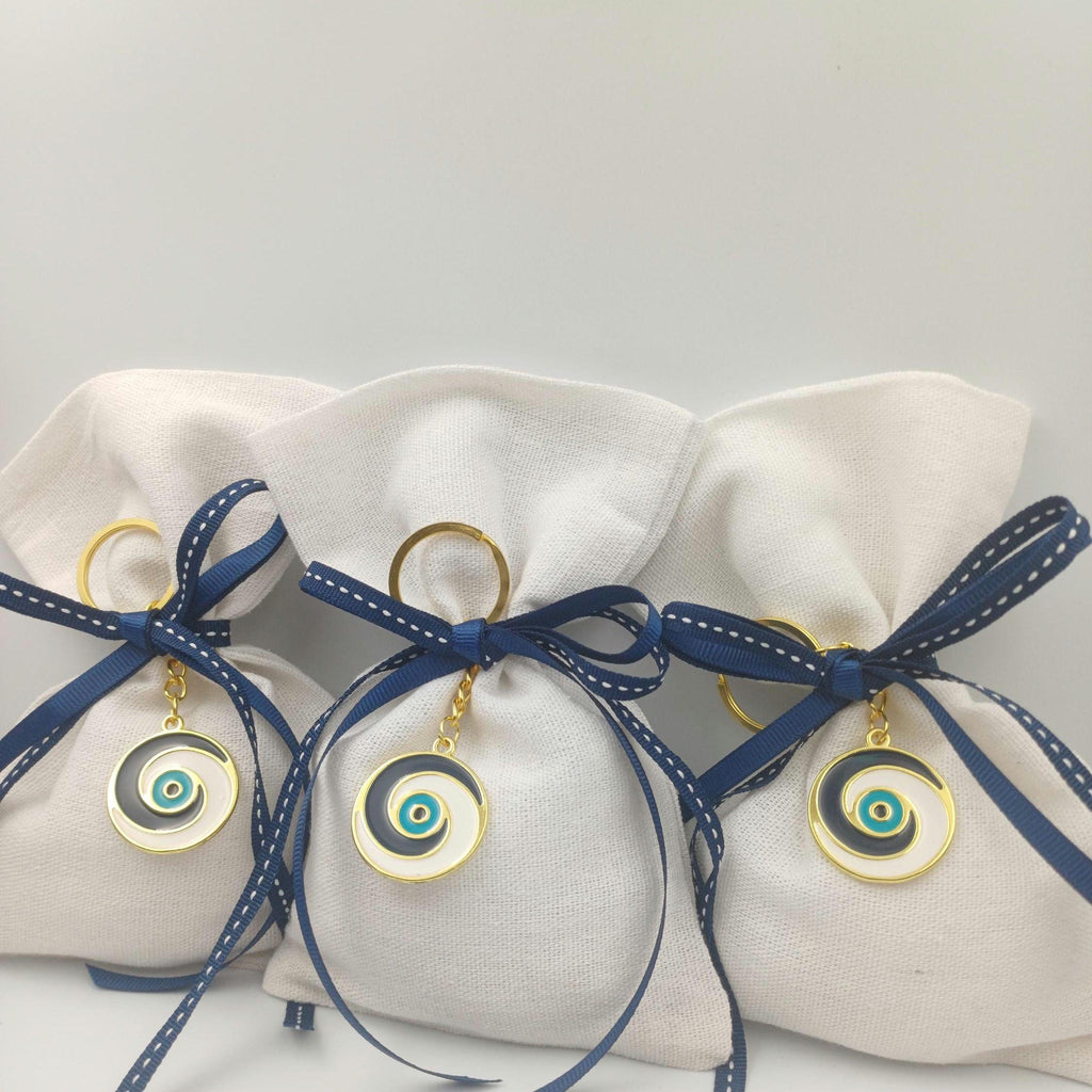 10 pcs, Greek baptism bombonieres, Orthodox Favors - Evil Eye Martyrika Keychain- Linen gift bags -Mibautizo -boy baptismal communion favors