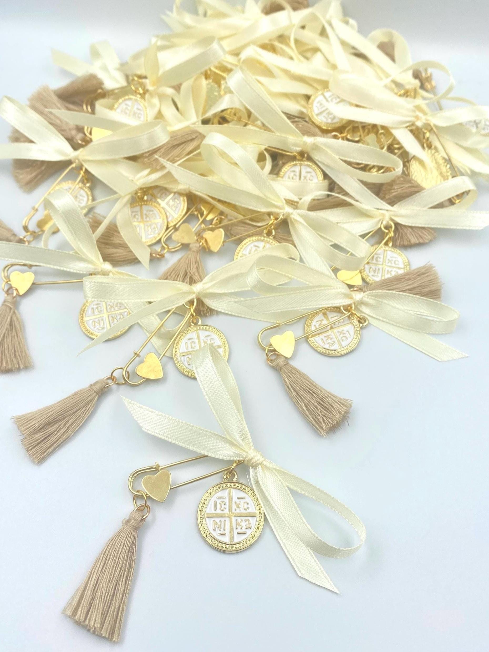 Christening enamel byzantine cross witness pins first communion favor greek orthodox baptism martyrika with gold white cross ICXCNIKA,10 pcs