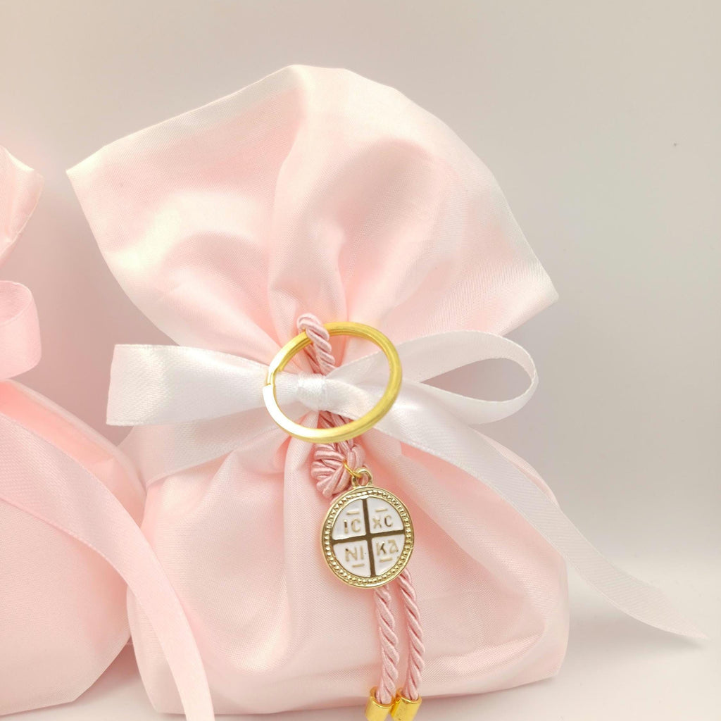 10 pcs, Greek Orthodox pink baptism boubounieres, Cross keychain Martyrika,Girl baptism, Koufeta, baptism favors,Koufeta Almond candy pouch.