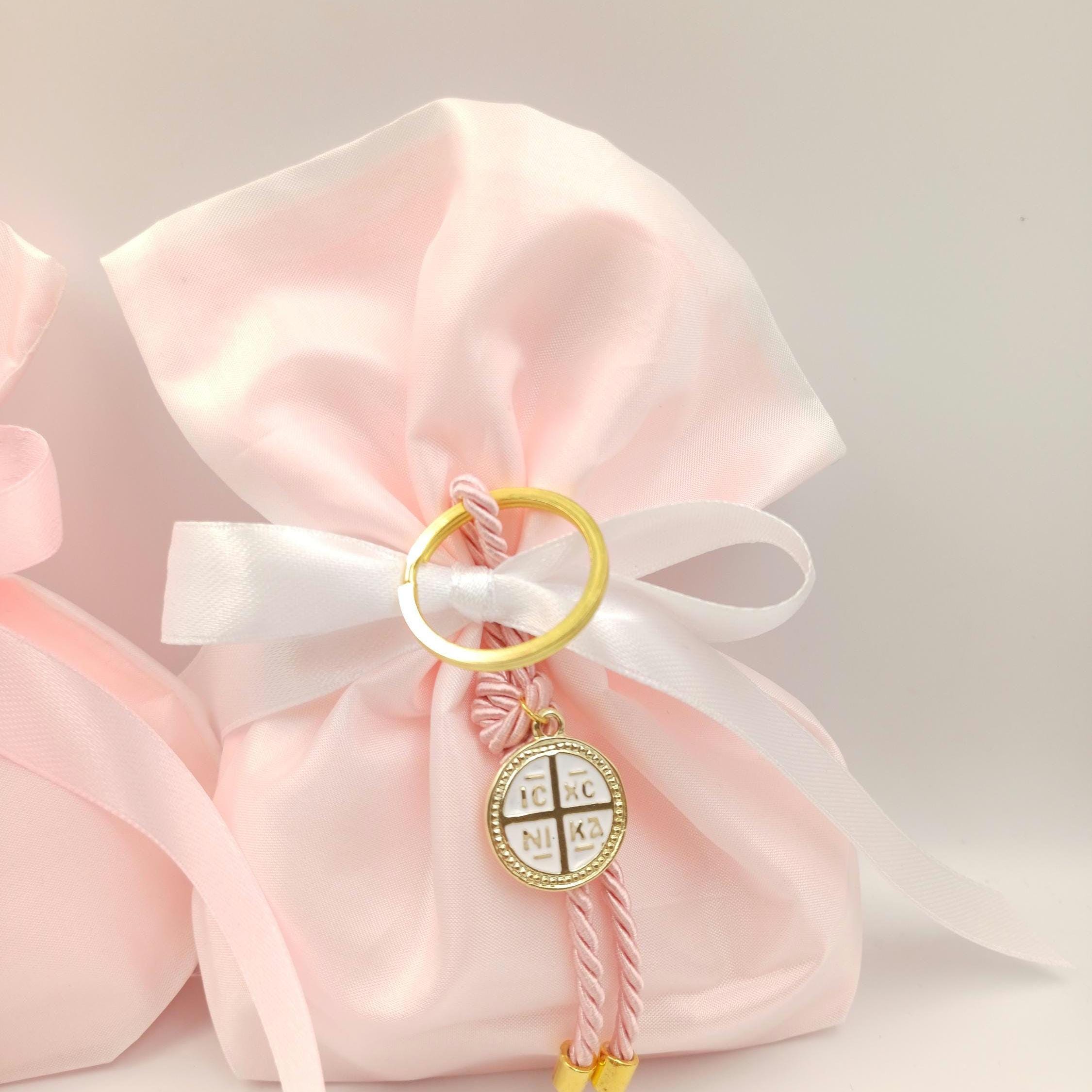 10 pcs, Greek Orthodox pink baptism boubounieres, Cross keychain Martyrika,Girl baptism, Koufeta, baptism favors,Koufeta Almond candy pouch.