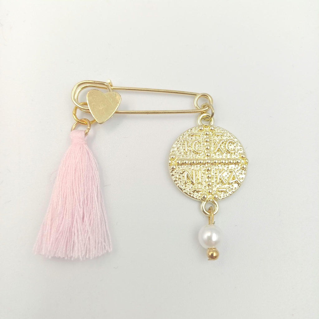 10pcs Greek Orthodox Martyrika Witness Pins – Gold Safety Pins with IC XC NIKA Cross, Pearl & Pink Tassel – Baptism or First Communion Favor