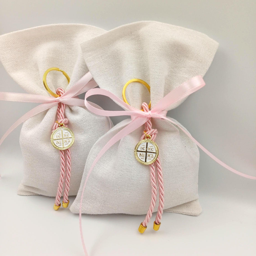 10 pcs, Orthodox baptism boubounieres, Martyrika cross keychain girl, Greek baptism favors , Koufeta ,Koufeta jordan Almond candy pouches.