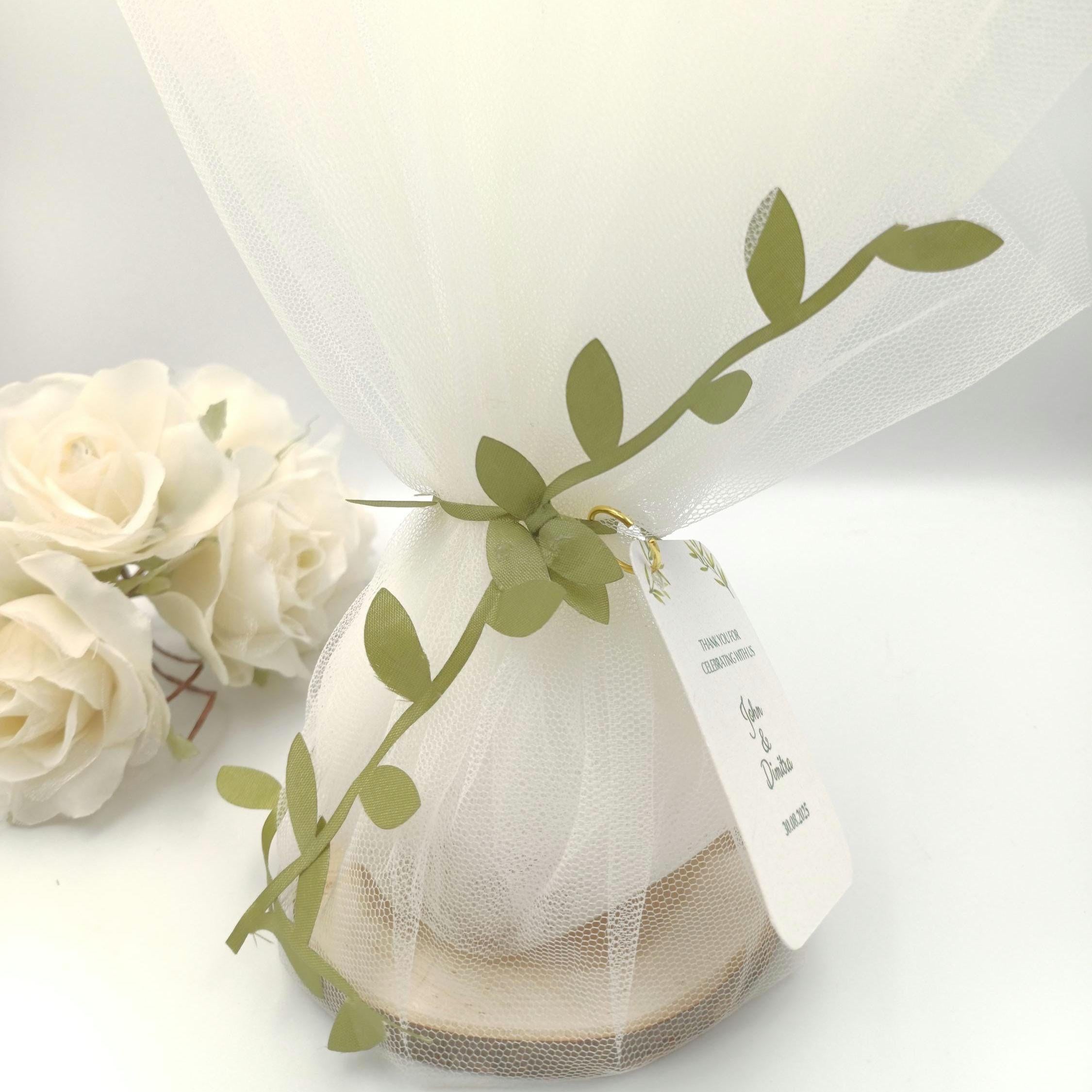 10 pcs, Wedding Favors for Guests in Bulk,engagement party olive branch ribbon favours  Greek tulle Orthodox Boboniera tulle and wood.