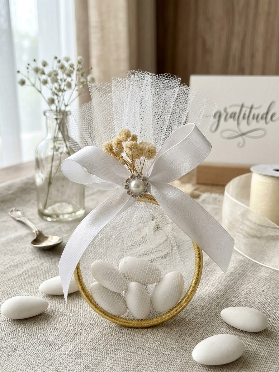 Personalized Wedding Favor – Almond Candy in Ring Tulle Bag, Christening Keepsake Gift, Set of 10 pieces