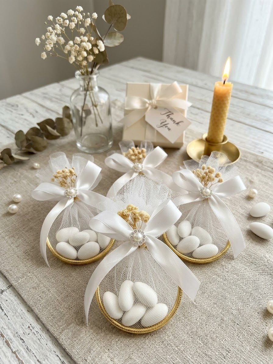 Personalized Wedding Favor – Almond Candy in Ring Tulle Bag, Christening Keepsake Gift, Set of 10 pieces