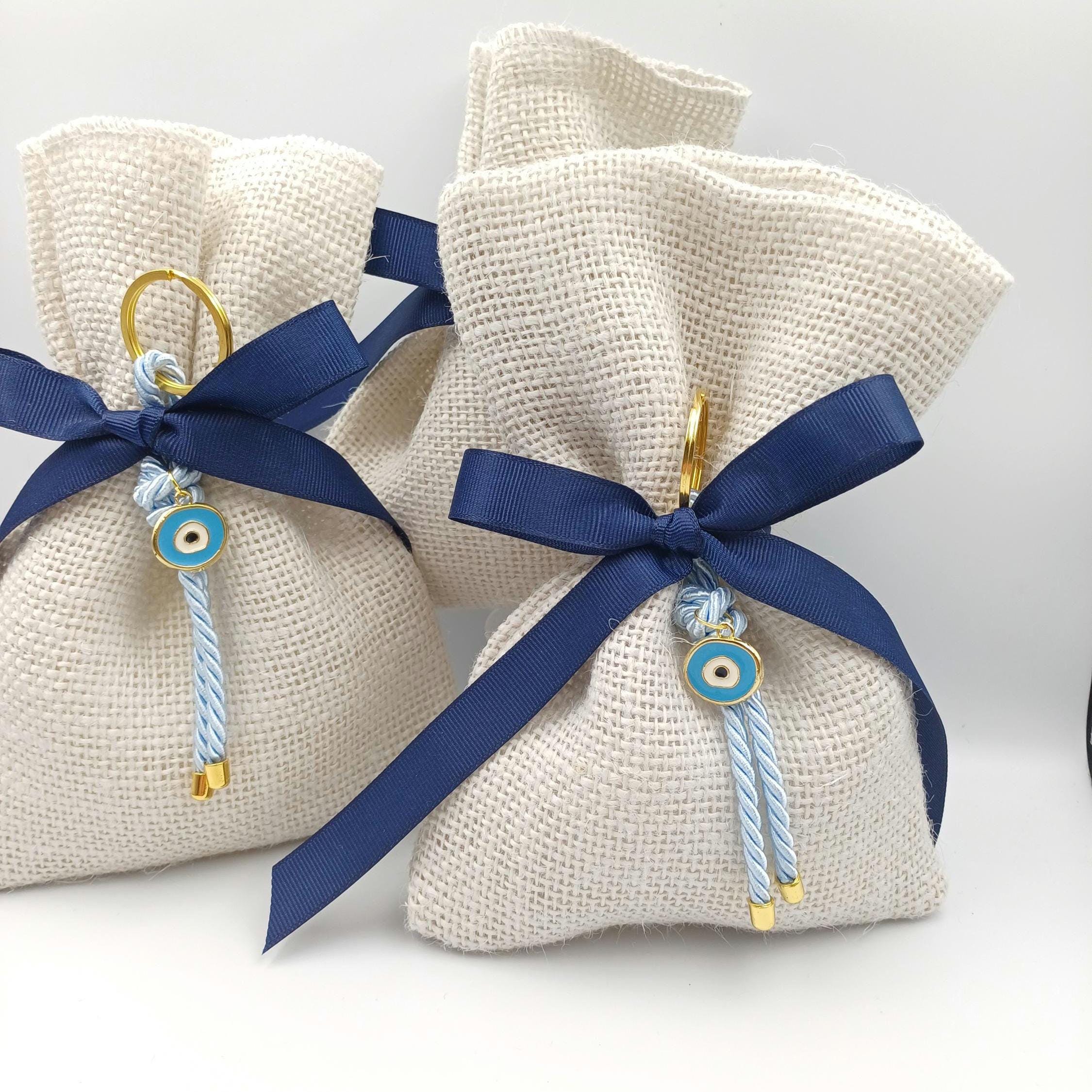 10 pcs, Baptism Almond Candy Favors, Greek Orthodox bombonieres, Baby Shower gifts ,Rustic Baptism Favors burlap bag, Evil eye keychain.
