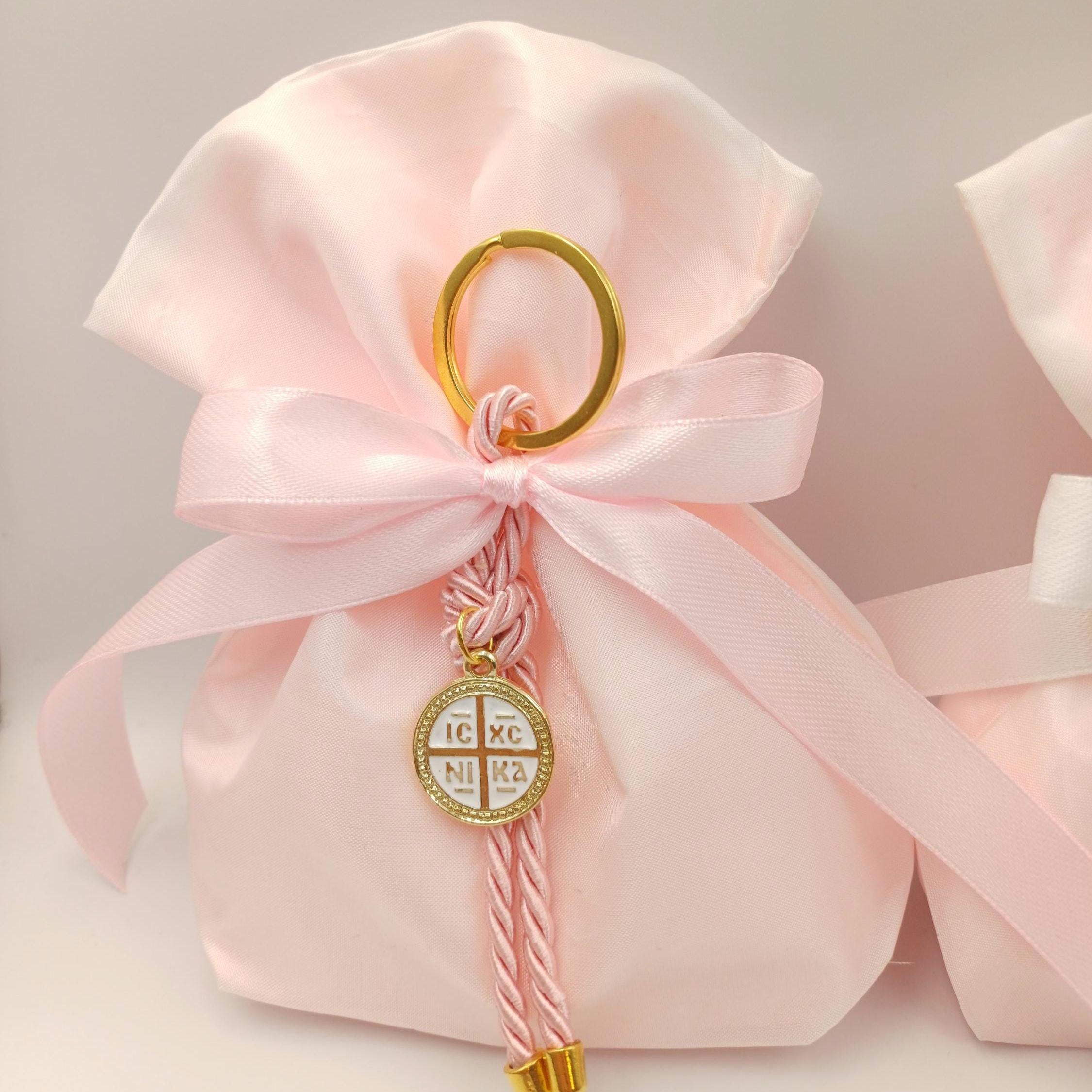 10 pcs, Greek Orthodox pink baptism boubounieres, Cross keychain Martyrika,Girl baptism, Koufeta, baptism favors,Koufeta Almond candy pouch.