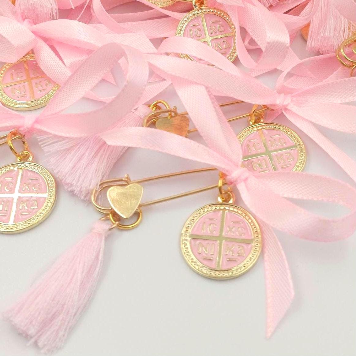 Greek Baptism Pins for girl,  Martyrika Witness Pins, Pink cross Baptism Favors, Greek Orthodox Baptism , First Communion Favors, 10 pcs.