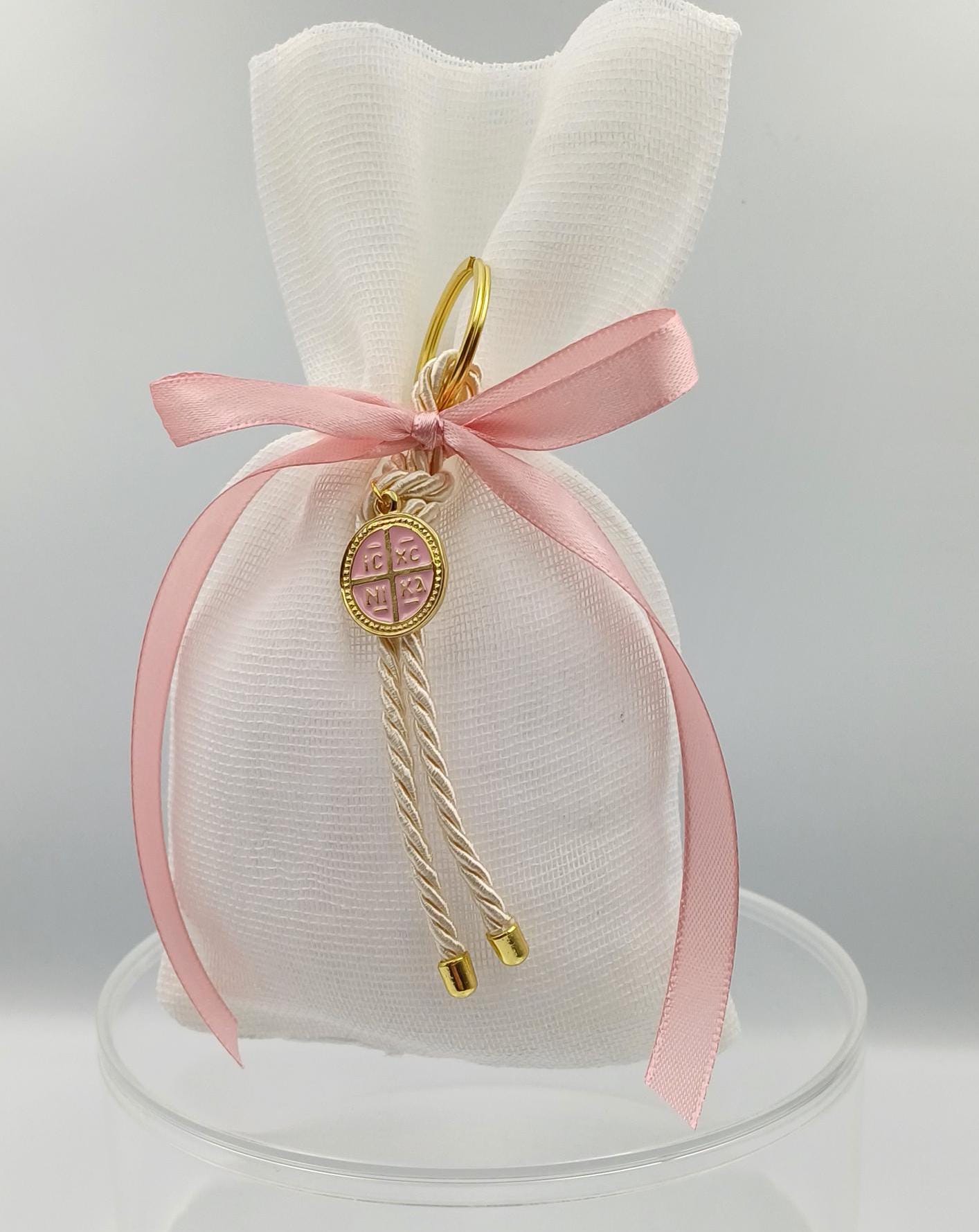 10 pcs, Greek baptism boubounieres, Constantinato Martyrika, Girl baptism, Koufeta ,Orthodox pink Mpomponieres,Koufeta Almond candy pouches.
