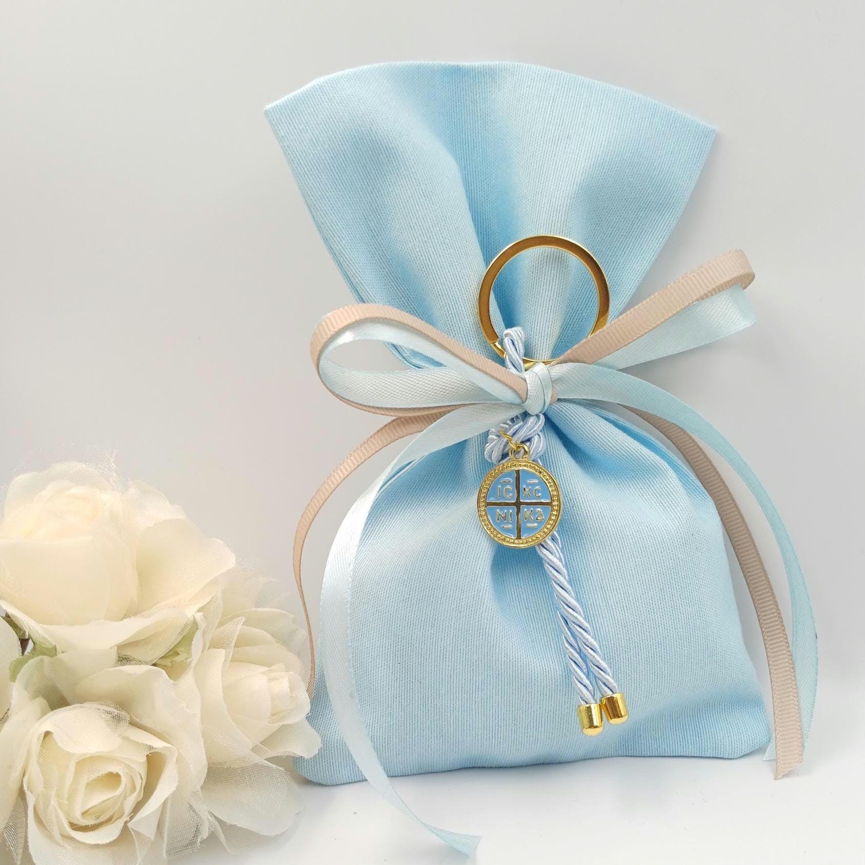 Cross key chain favors baptism Greek baptism boubounieres Orthodox baby blue Martirika Byzantine cross Almond candy bags 10 pcs.