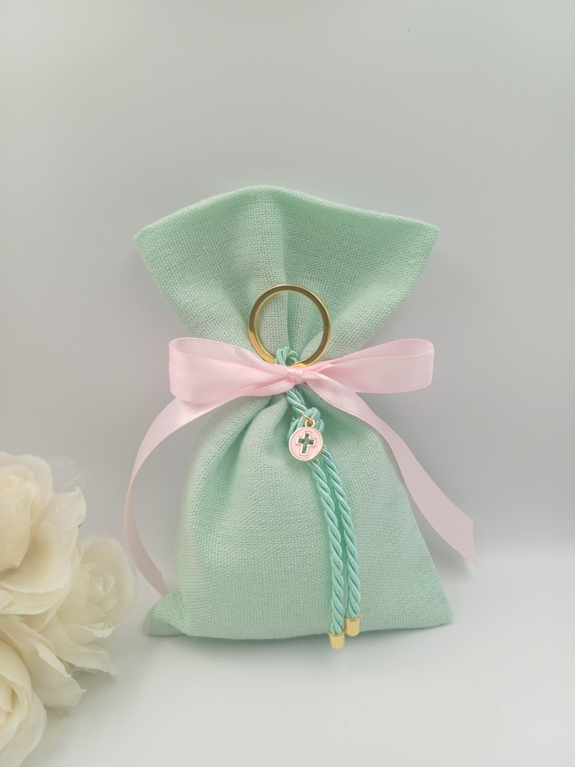 Baptism favors , Greek Orthodox baptism bomboniera almond candy mint green linen bags, Communion italian favors, cross keychain favor 10pcs.