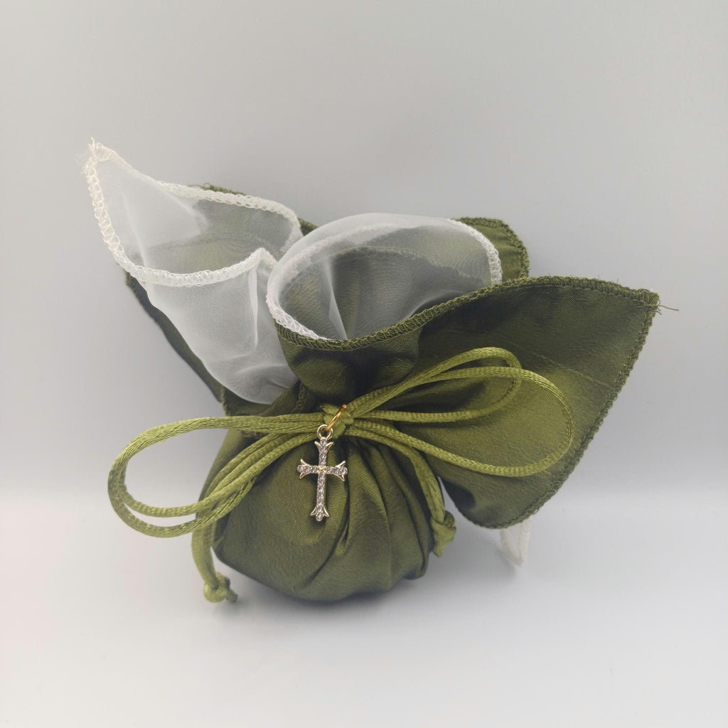 Baptism cross Favor olive green taffeta pouch, Greek Orthodox Wedding Bombonieres,bribal shower gift, traditional tulle koufeta bags, 10pcs.