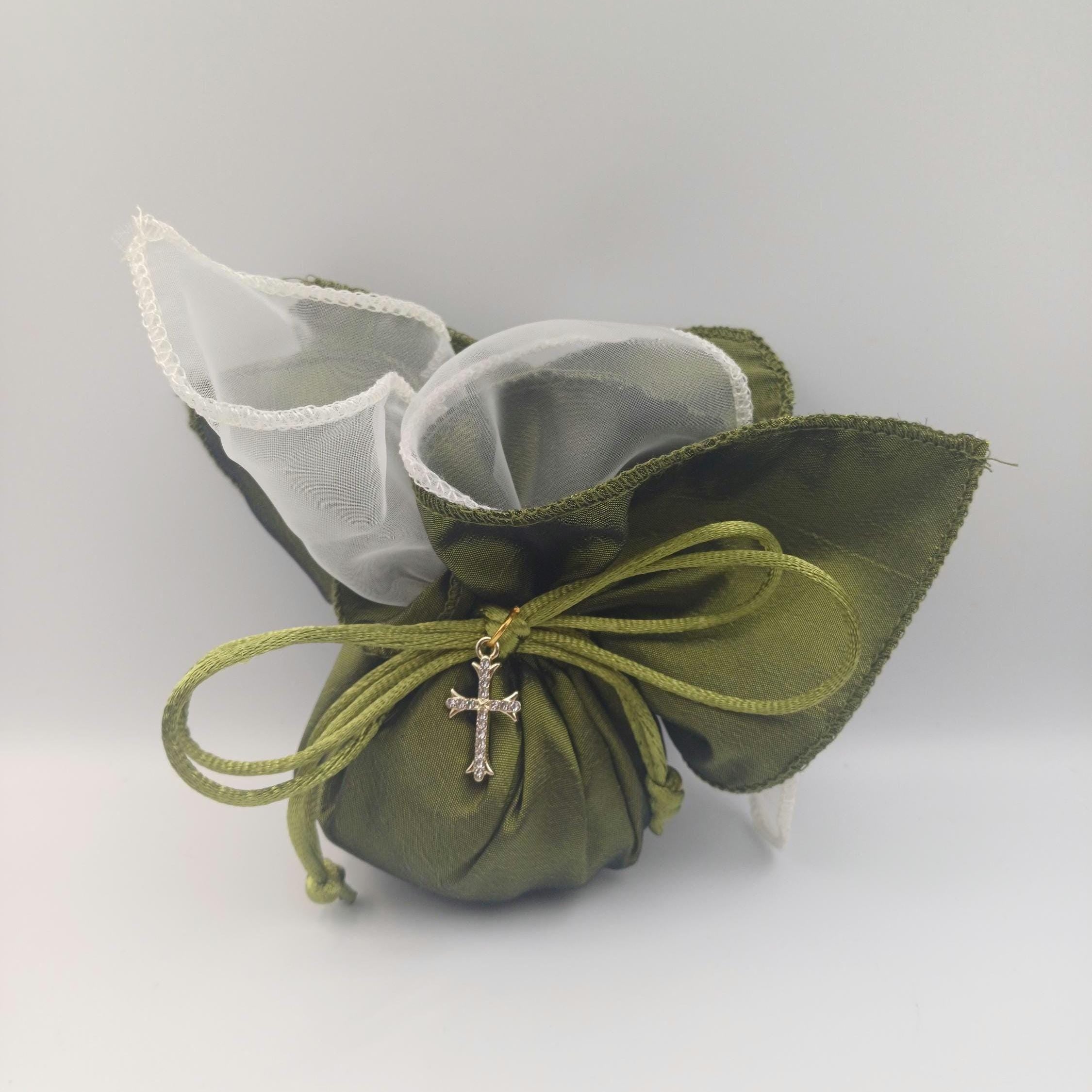 Baptism cross Favor olive green taffeta pouch, Greek Orthodox Wedding Bombonieres,bribal shower gift, traditional tulle koufeta bags, 10pcs.