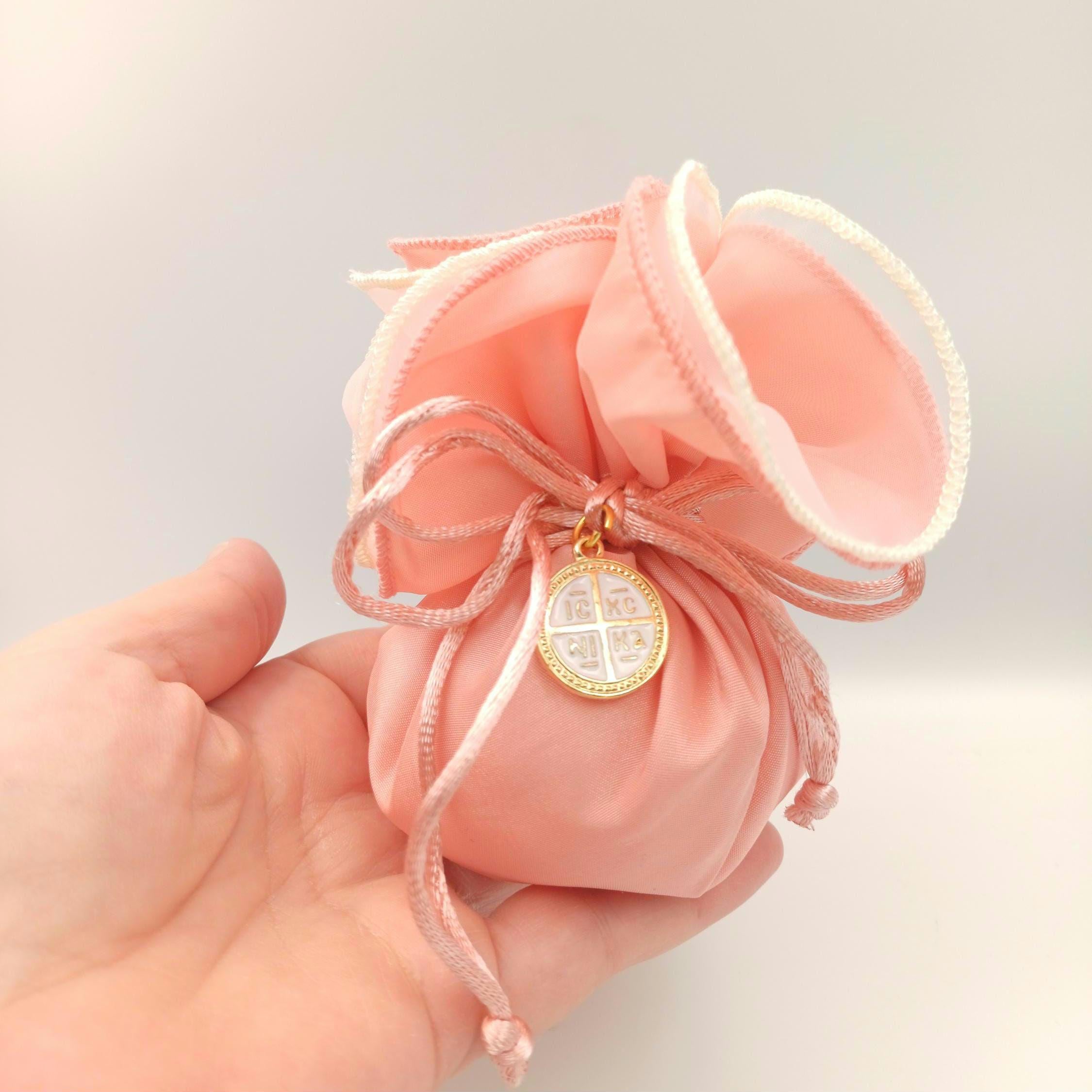 Baptism Favours pink koufeta bag  Greek Orthodox cross boubounieres byzantine ICXCNIKA cross  bags   baby shower favor Communion favor 10pcs