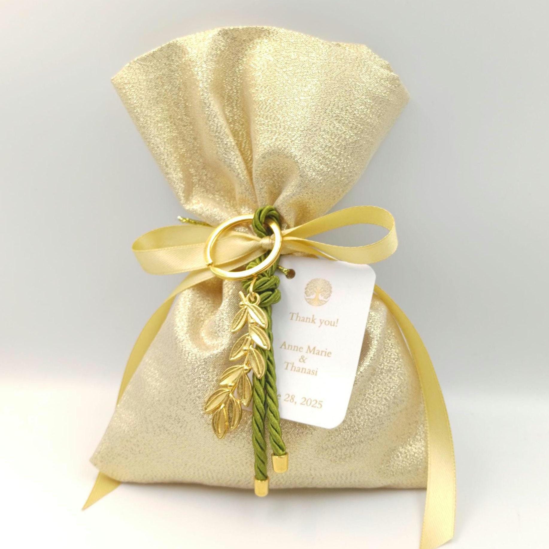 10 pcs, Gold Wedding Favor Bag, Greek bombonieres with Olive branch key chain Koufeta ,Orthodox baptism ,bridal shower gift, sweet 16 favors