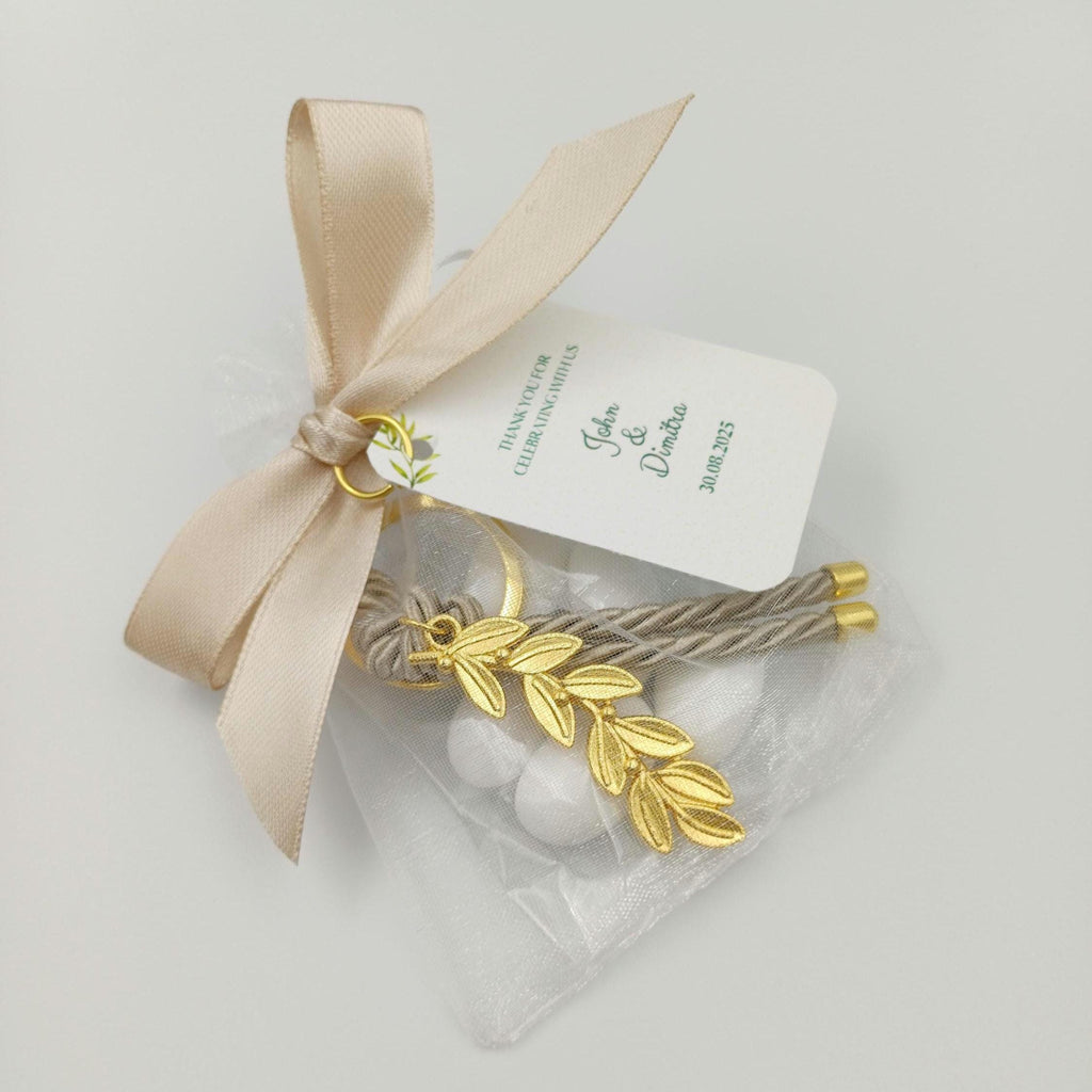 Olive branch baptism favors personalized, Greek Boubounieres Koufeta Wedding favors 5 sugared Almonds, bridal shower favor 10 pcs.
