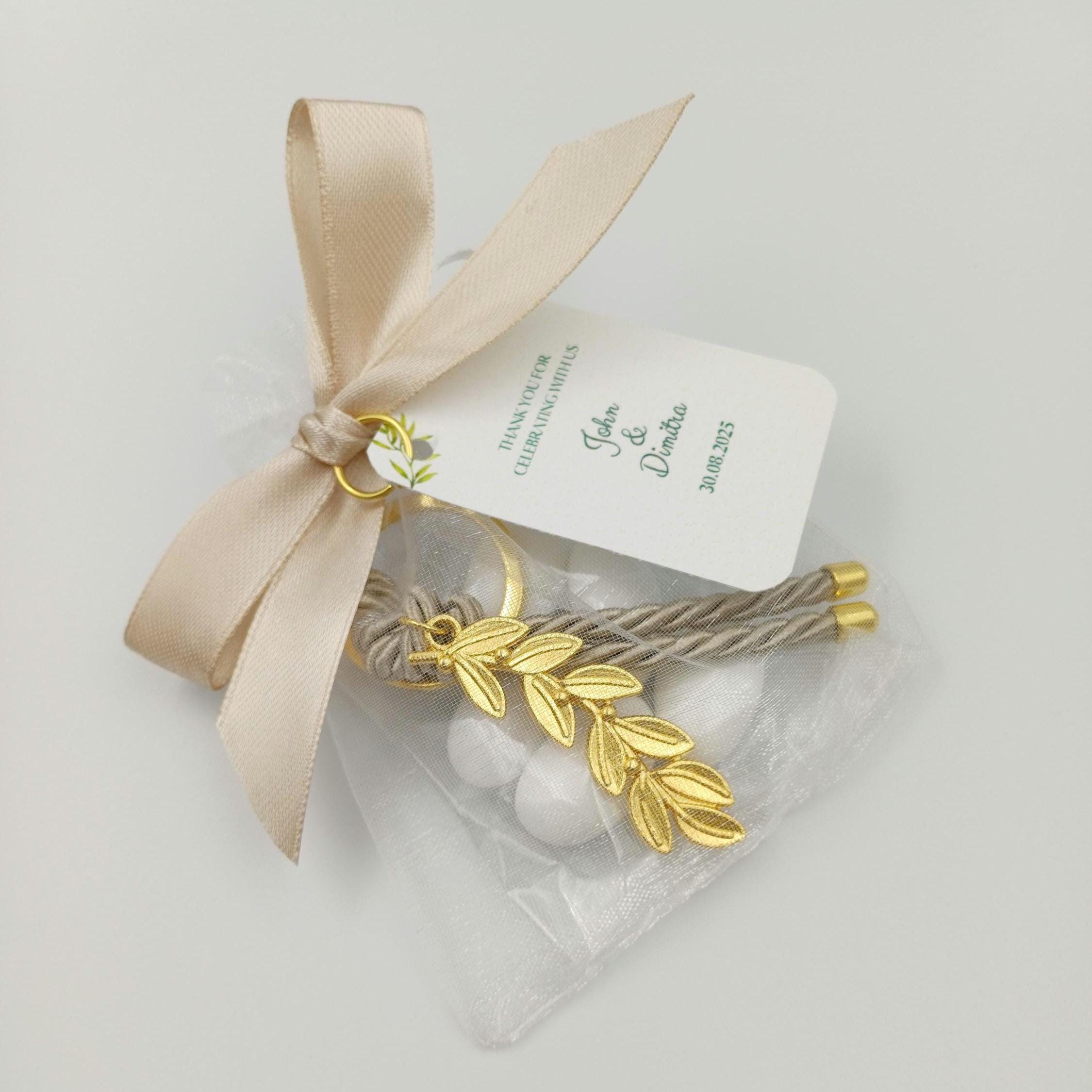 Olive branch baptism favors personalized, Greek Boubounieres Koufeta Wedding favors 5 sugared Almonds, bridal shower favor 10 pcs.