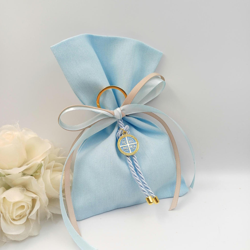 Cross key chain favors baptism Greek baptism boubounieres Orthodox baby blue Martirika Byzantine cross Almond candy bags 10 pcs.