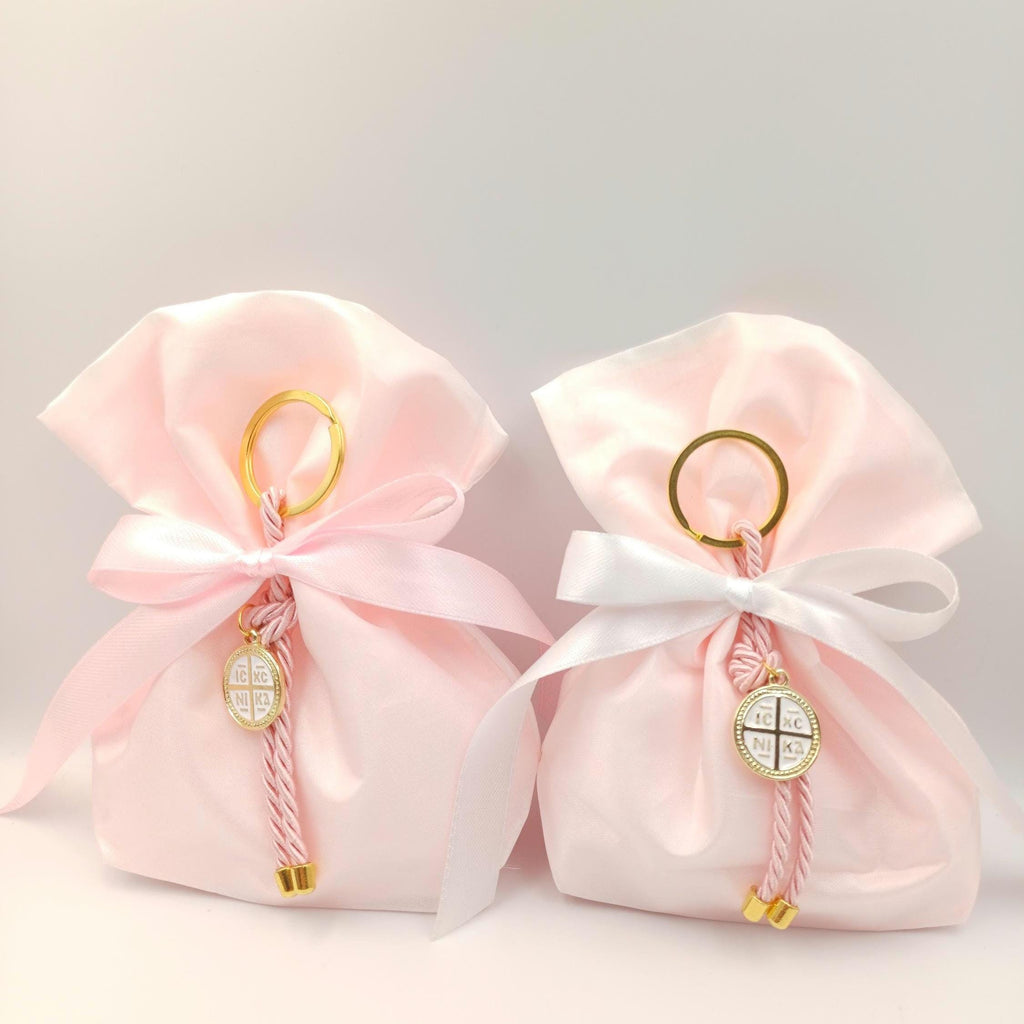 10 pcs, Greek Orthodox pink baptism boubounieres, Cross keychain Martyrika,Girl baptism, Koufeta, baptism favors,Koufeta Almond candy pouch.